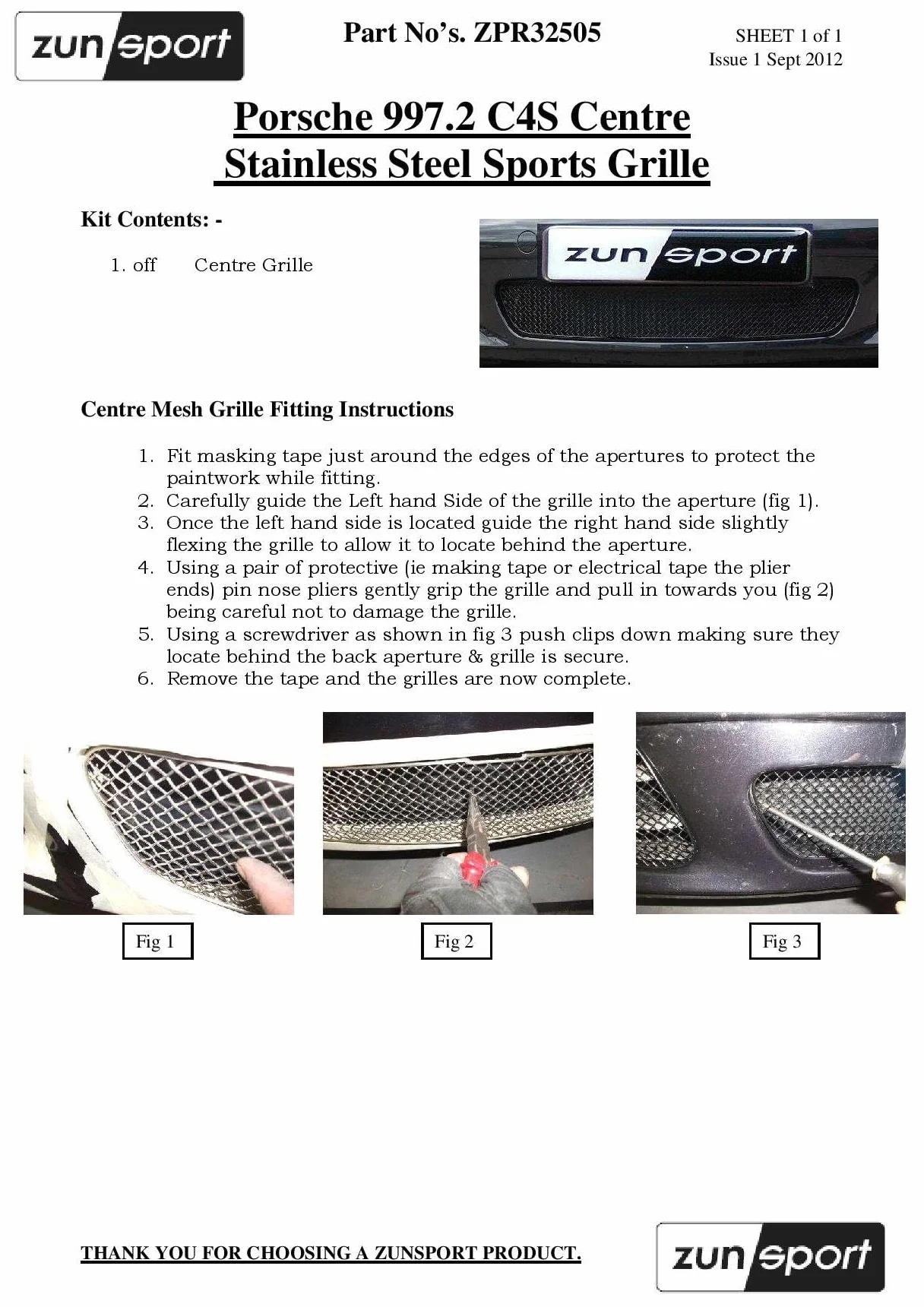 Zunsport Compatible With Porsche Carrera 997.2 (C2,C2S,C4,C4S) - Centre Grille - Silver finish (2009 to 2012)