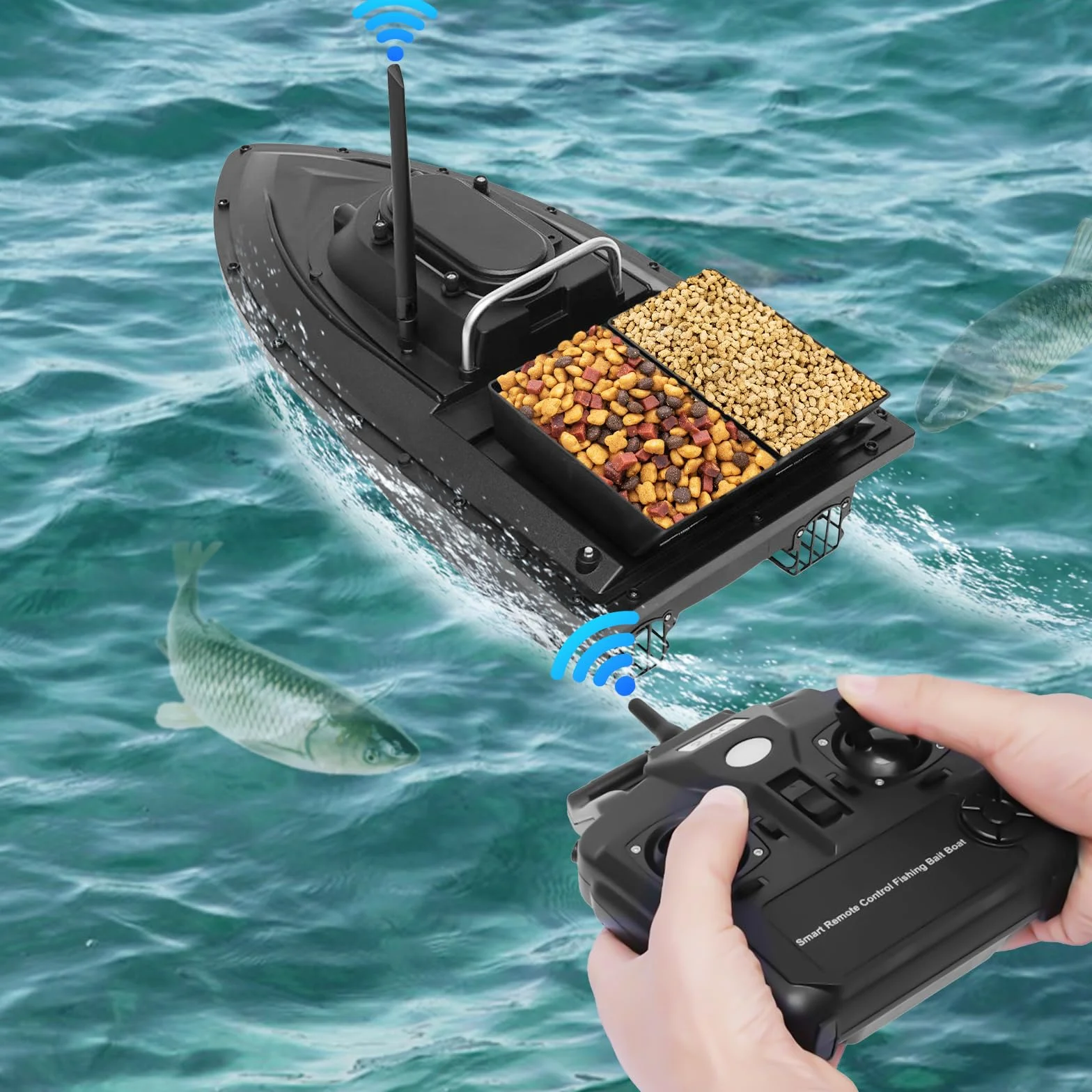 Łódź karmowa Rc łódź przynęta wędkarska, z pilotem zdalnego sterowania, czarna 7,4 V, 5200 mAh