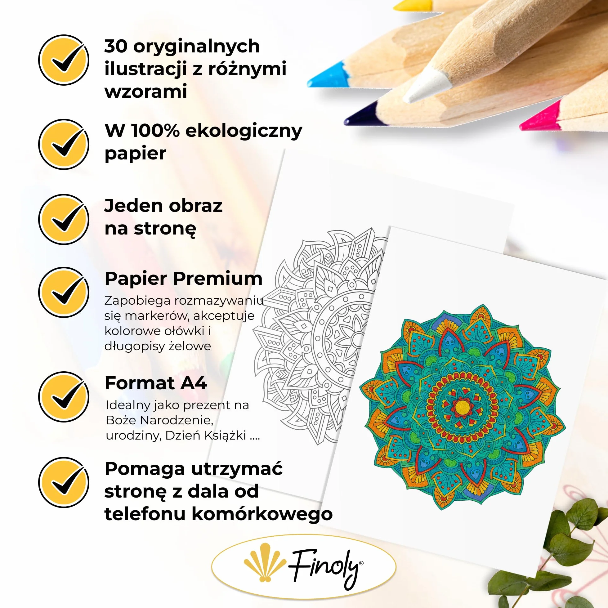 Finoly Mandala Kolorowanka dla Dorosłych z 30 Wzorami | Mandala Dotting Kolorowanka | A4 | Papier Premium | Spiralne Wiązanie | Dzień | TOM I