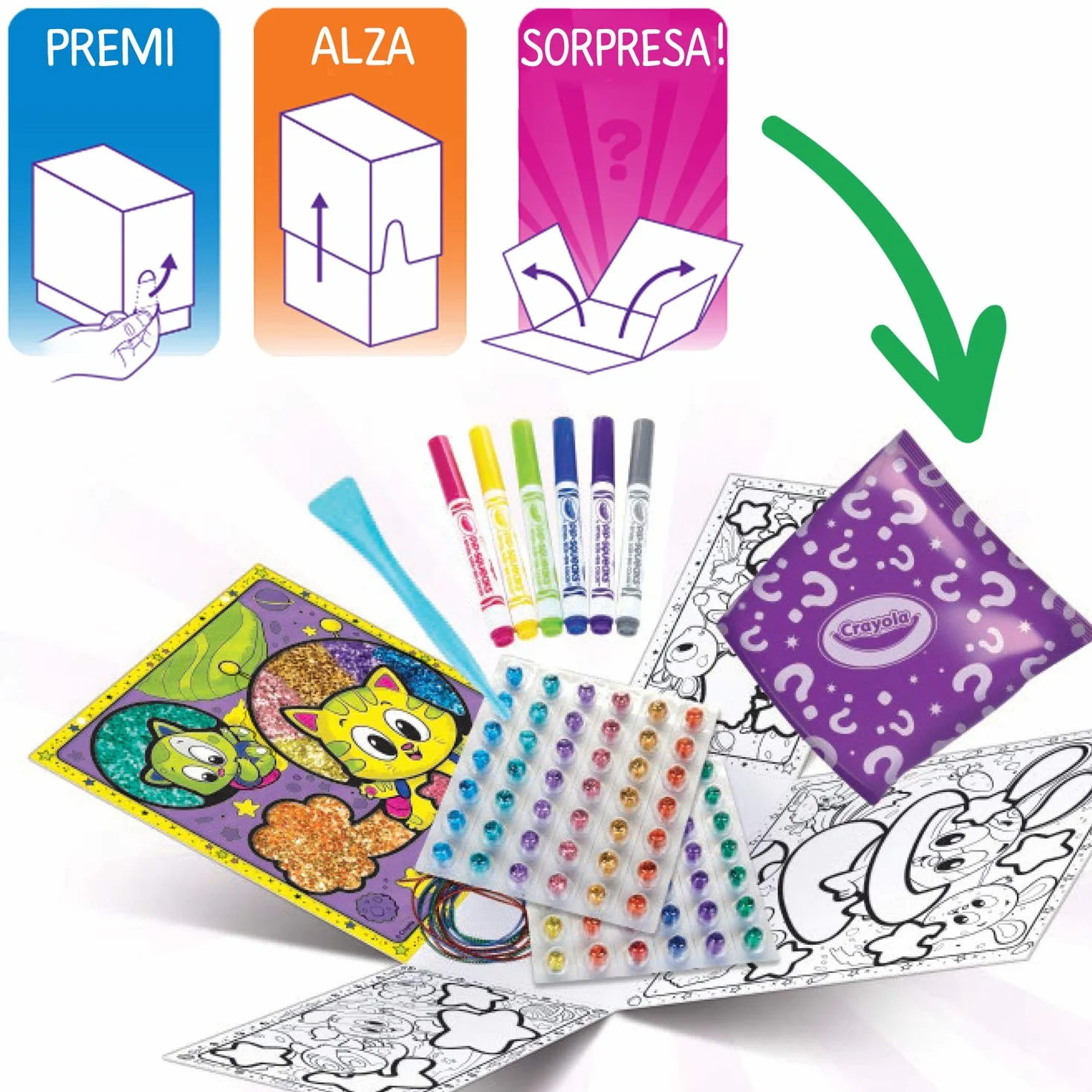 Crayola Glitter Dots Pudełko niespodzianek do tworzenia i dekorowania z brokatem do modelowania, kreatywności i pomysłu na prezent, 04-1088, wielokolorowe