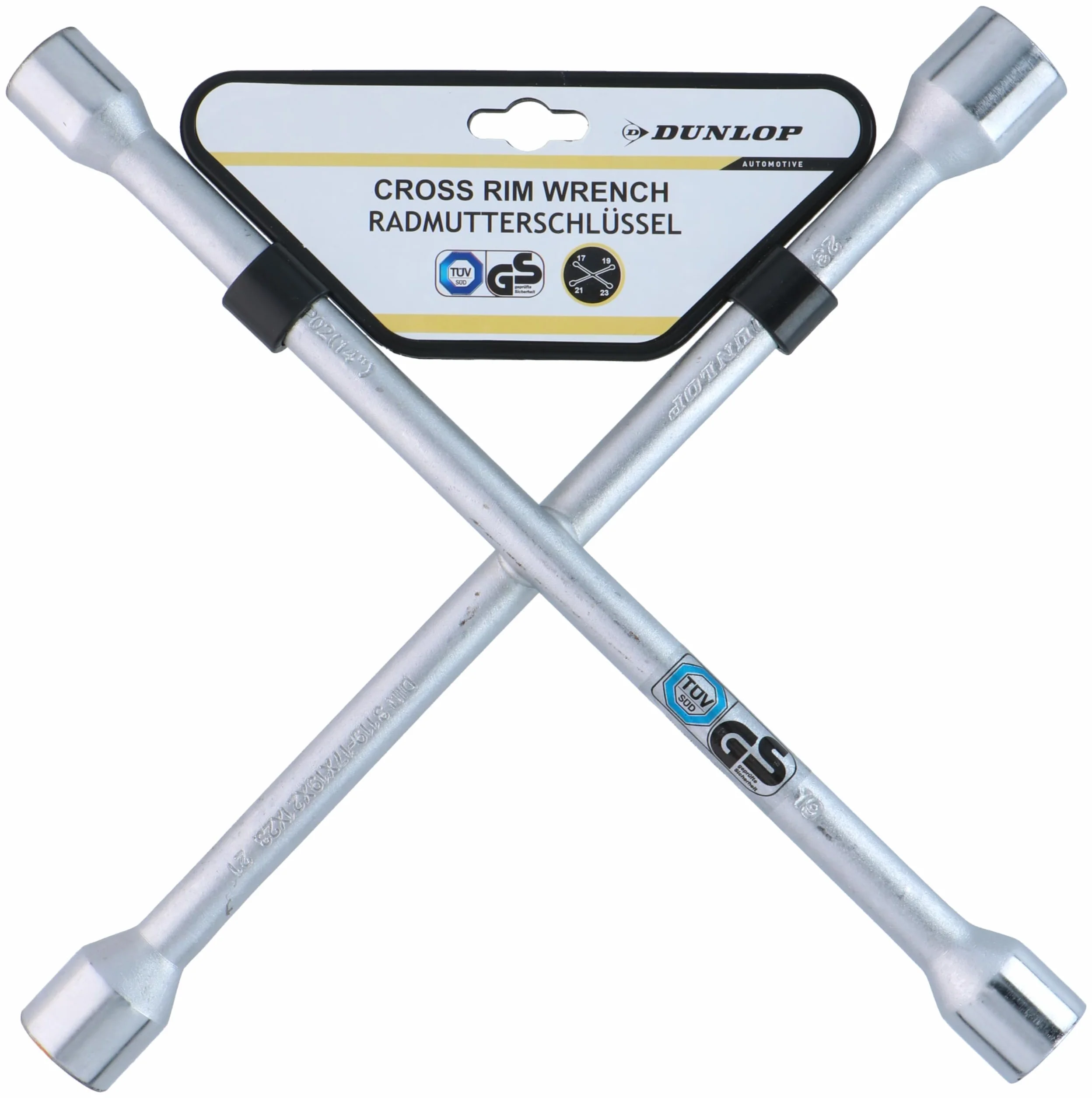 Dunlop Klucz do nakrętek kół - Pasuje do nakrętek kół 17-19-21-23 MM - Krzyżak - Klucz krzyżakowy - 27 x 27 CM - Stal - Srebrny