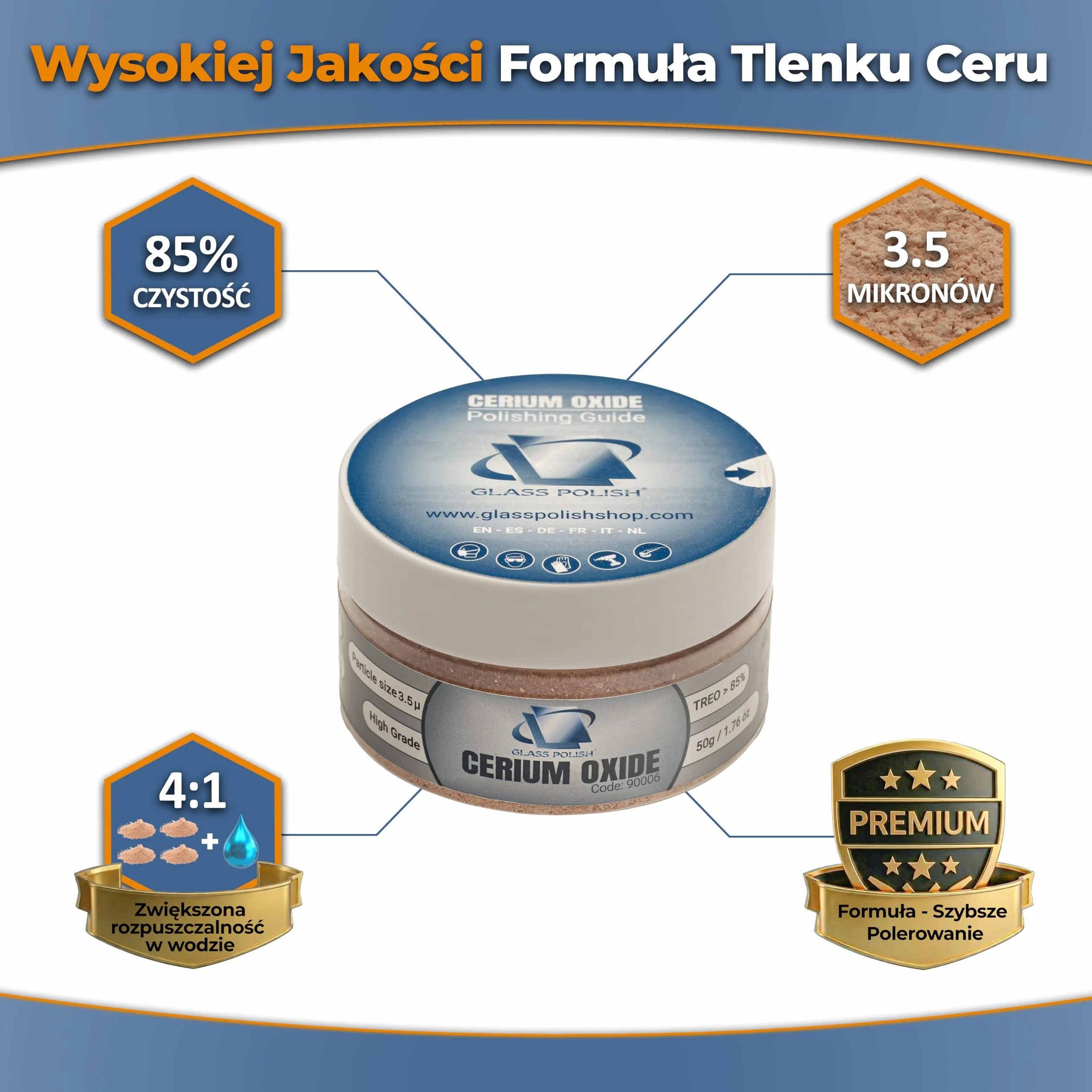 Glass Polish 90006 Tlenek ceru wysokiej jakości proszek do polerowania szkła - TREO 85% - 3,5 mikrona - 50 gramów