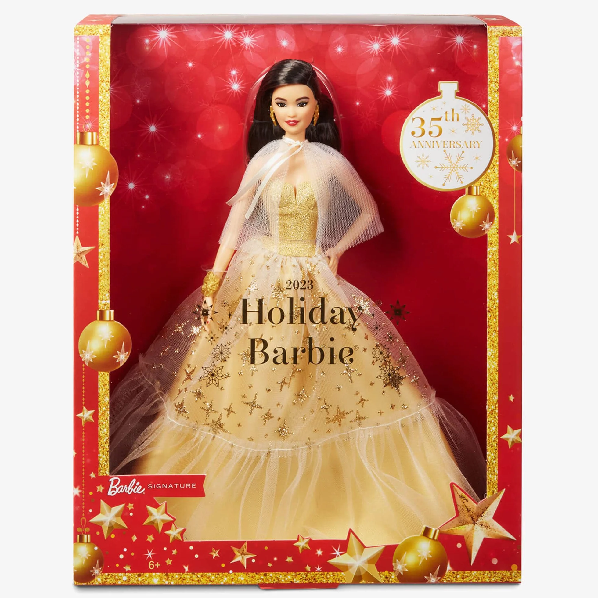 Barbie Lalka świąteczna Barbie Signature z czarnymi włosami w złocistej sukni i ozdobnym pudełku, prezent sezonowy dla kolekcjonerów HJX07