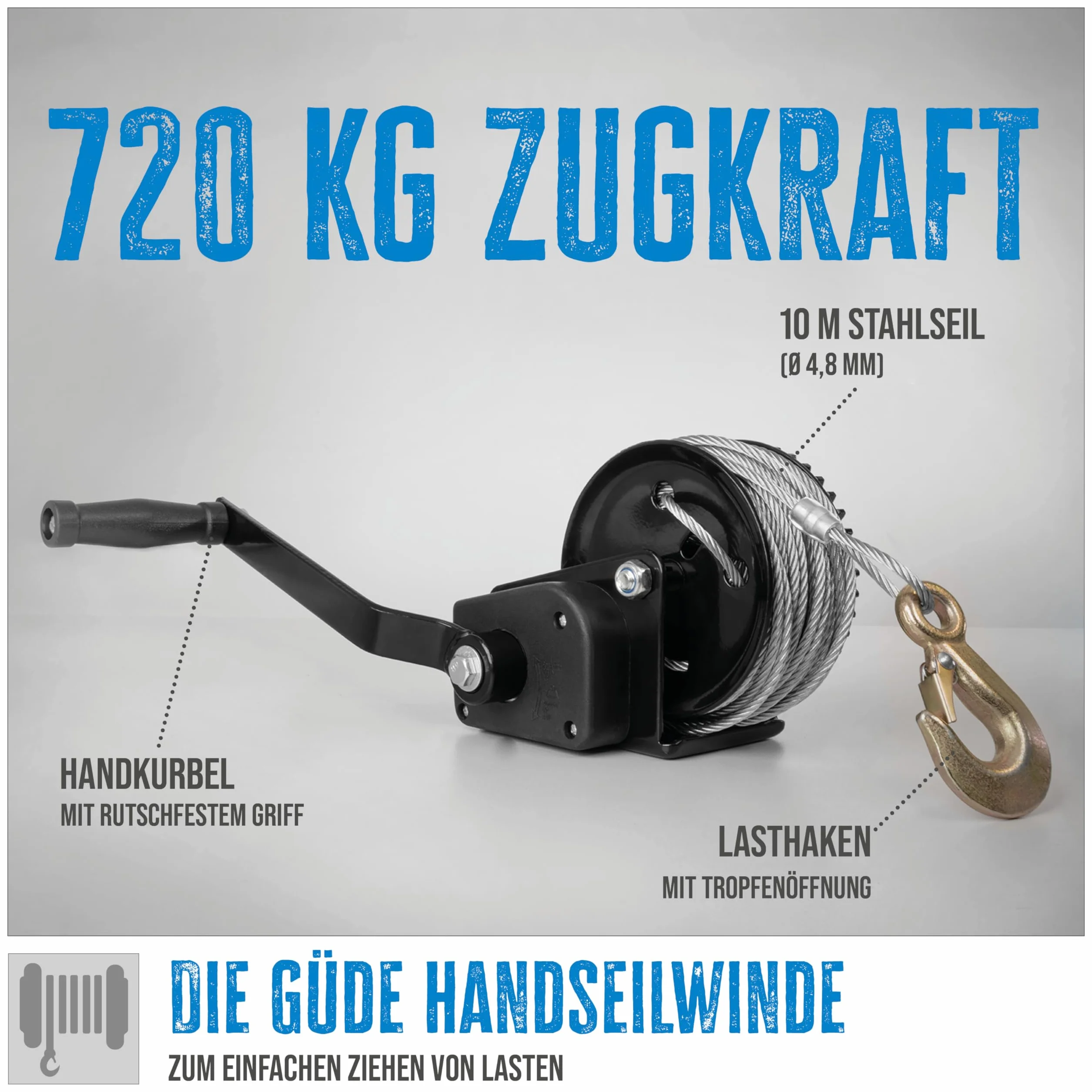 Güde Wciągarka linowa 720 kg, 20 m (maks. siła ciągnąca 720 kg bez rolki kierunkowej, hak ładunkowy z otworem kropli, zintegrowany hamulec, korba ręczna z miękkim uchwytem, 14 x 8,6 cm (dł. x szer.)