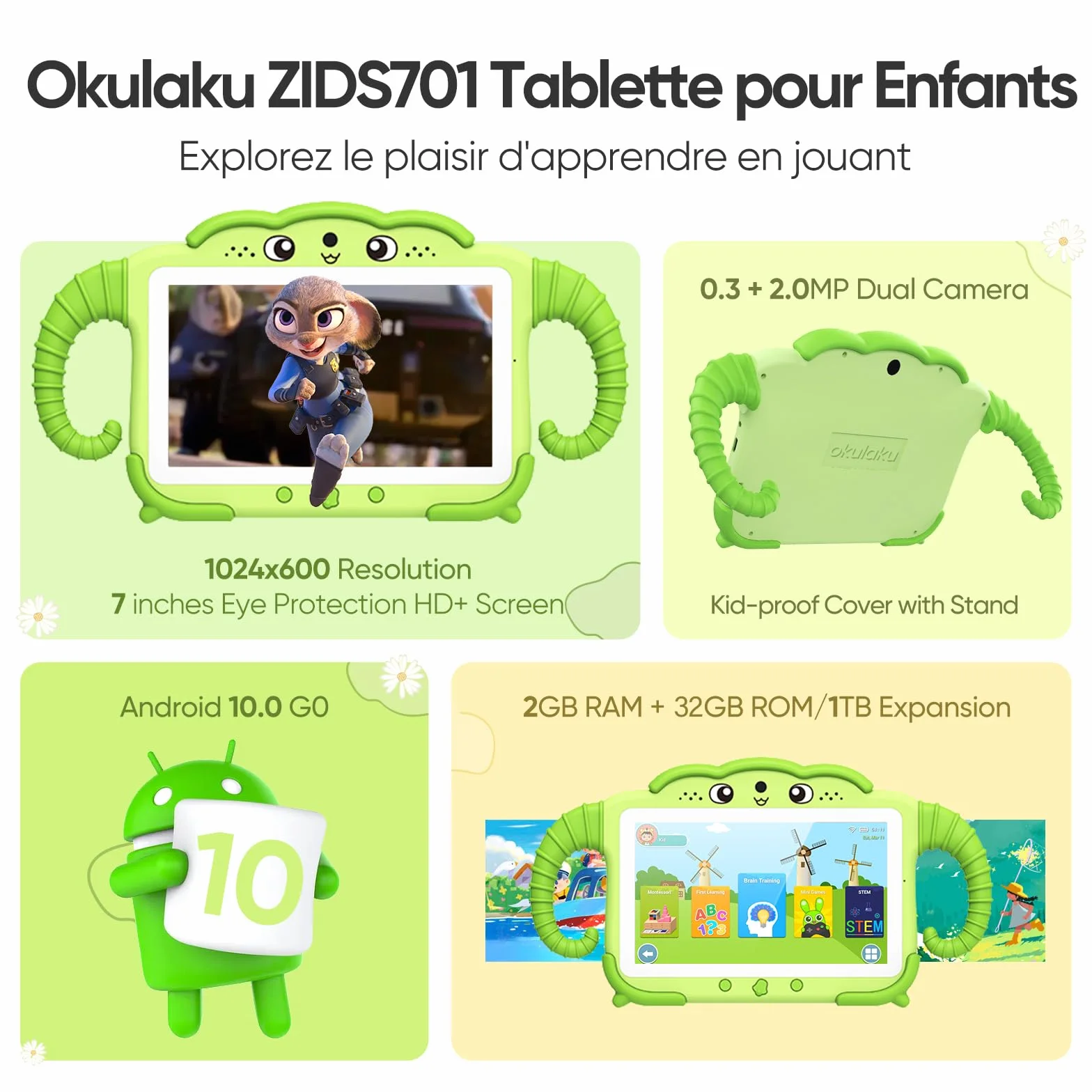 Tablet Dla Dzieci 7 Cali Od 3+ Lat - 2 GB RAM, 64 GB ROM, Android 10 GO Quad Core, WiFi, Bluetooth, Podwójny Aparat - Z Etui Dostosowanym Do Dzieci