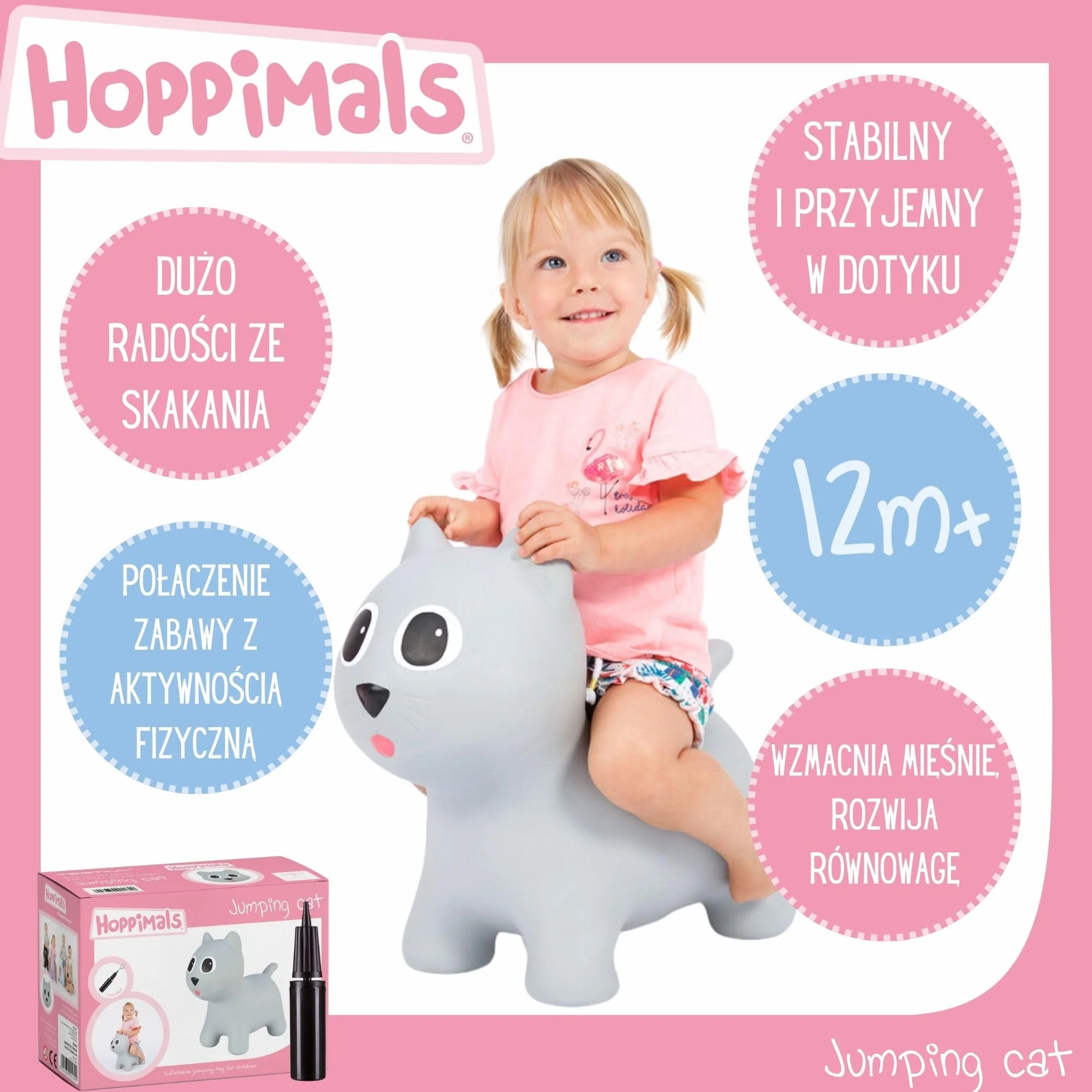 Gumowy Skoczek dla Dzieci - Nadmuchiwana Zabawka do Skakania - KOTEK Szary T-TFF-NN162 - Pompka i Kartonik w Zestawie - Dla Dzieci już od 1 Roku Życia - Idealny Prezent na Roczek