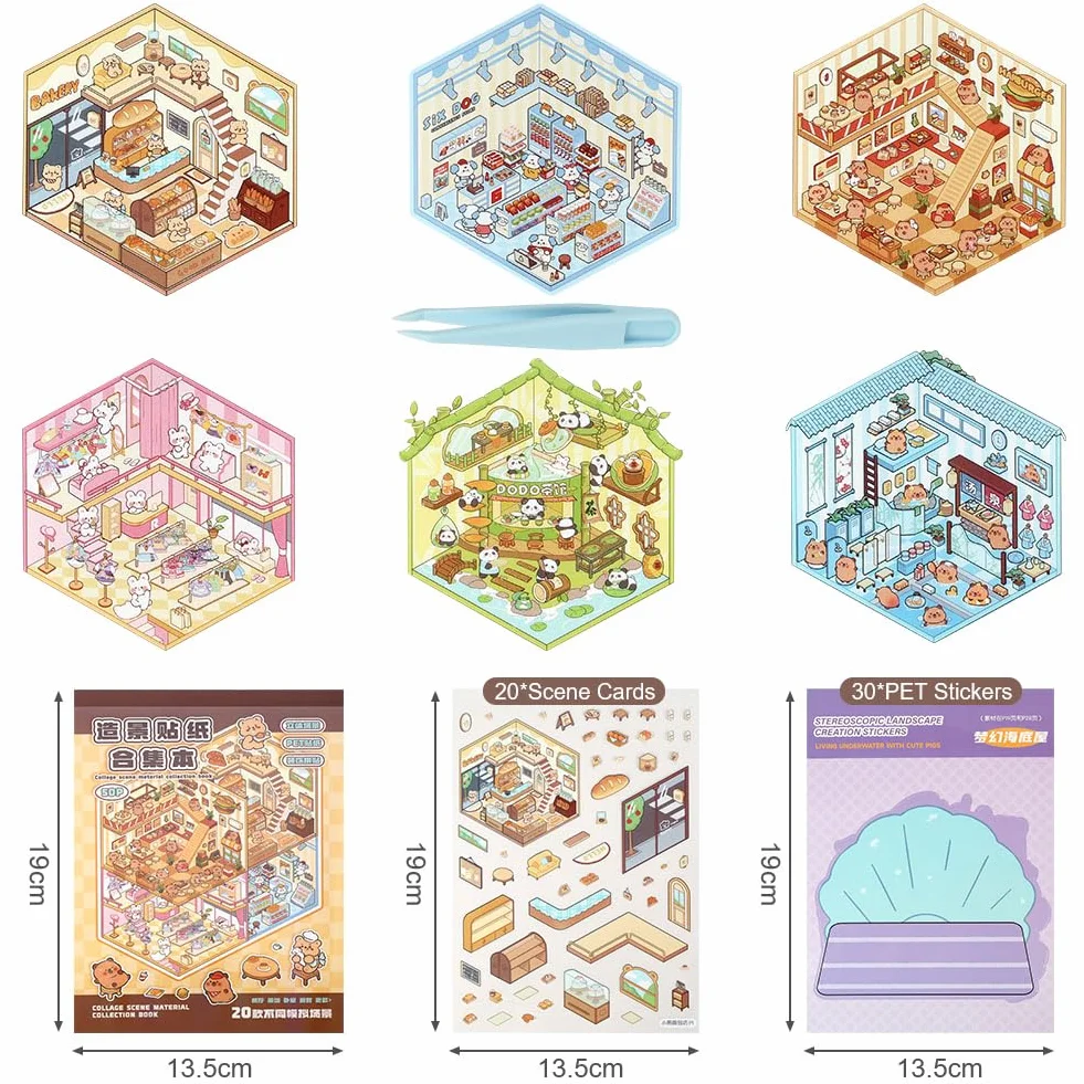 Vicloon Zestaw naklejek DIY domek 3D, 50 arkuszy nminiaturowe naklejki domowe 3D,urocze naklejki z kreskówkową scenerią dla dorosłych i dzieci do odprężenia i zabicia czasu,z pęsetą
