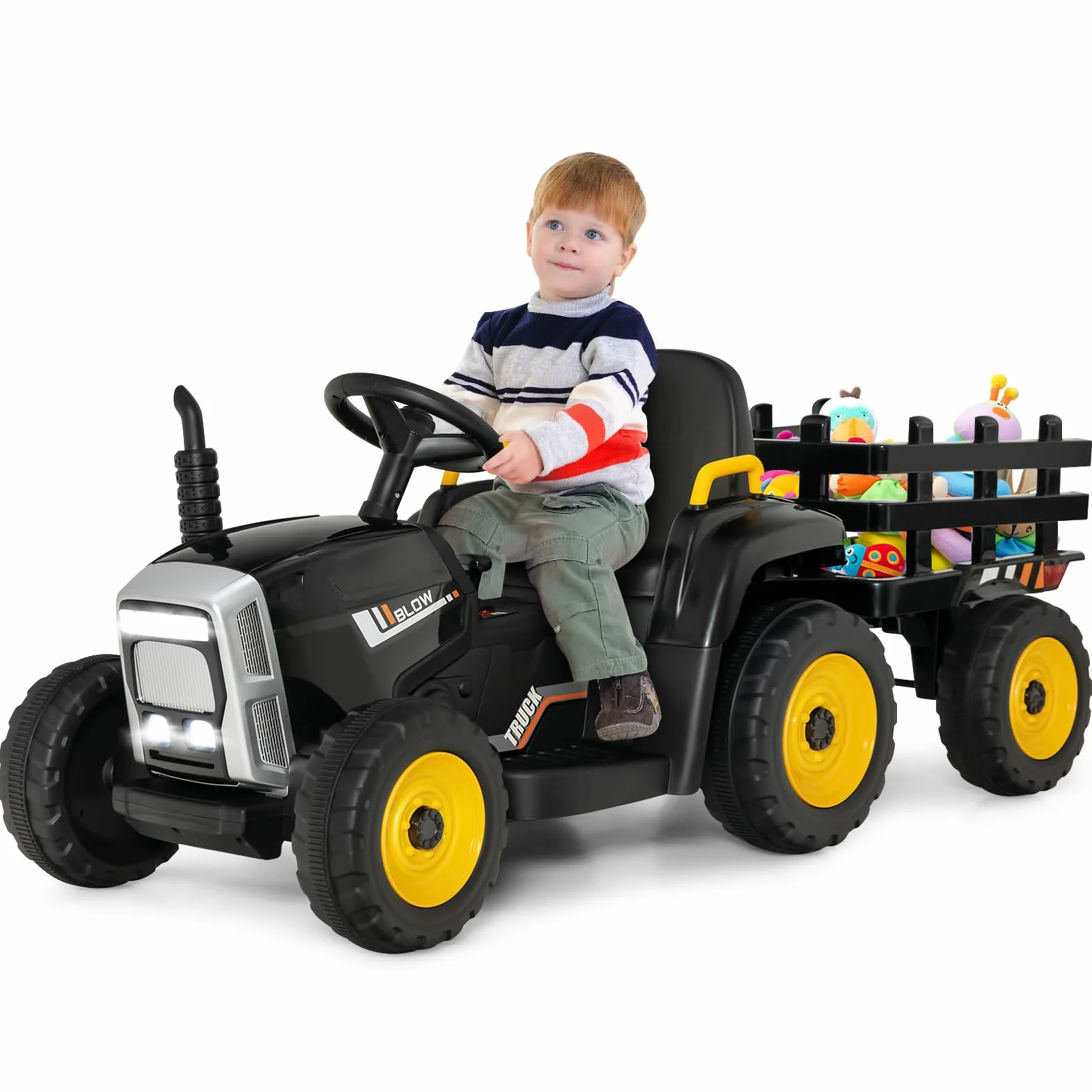 GOPLUS Elektryczny traktor dla dzieci 12 V z przyczepą, 3-biegowy pojazd elektryczny z pilotem zdalnego sterowania, samochód elektryczny z oświetleniem LED, muzyką i Bluetooth, obciążenie 30 kg, od 3