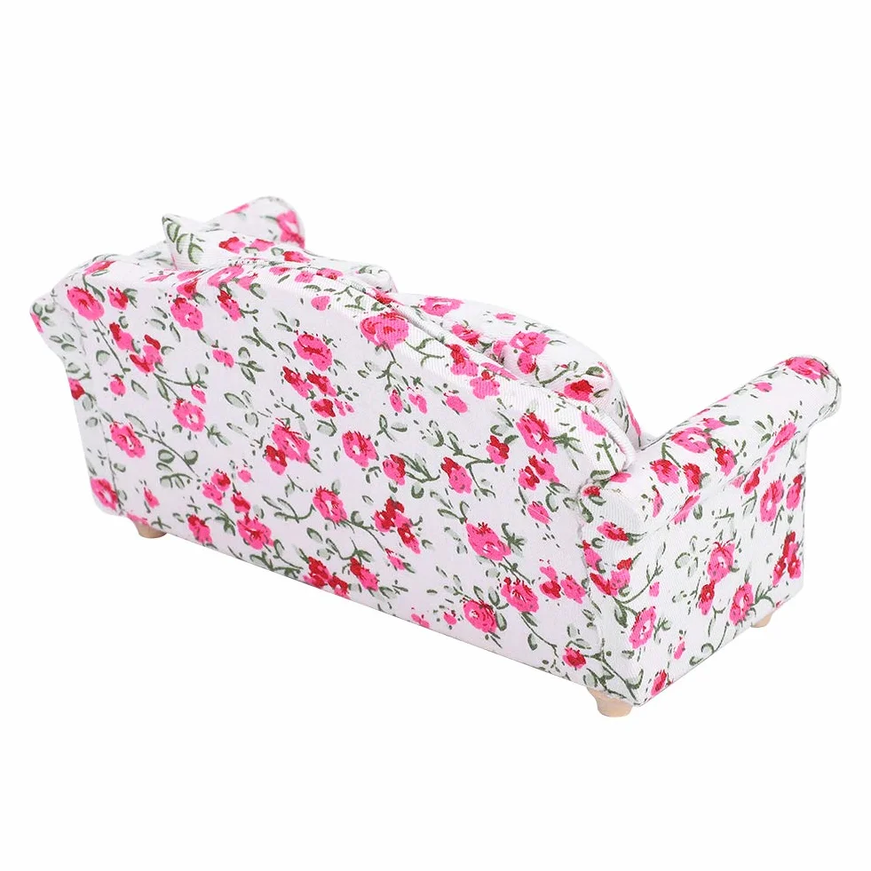 Mini Sofa Domek dla lalek, Akcesoria do dekoracji domku dla lalek Wzór kwiatowy Mini Meble Podwójna sofa dla lalki w skali 1/12 małe skupiska kwiatów