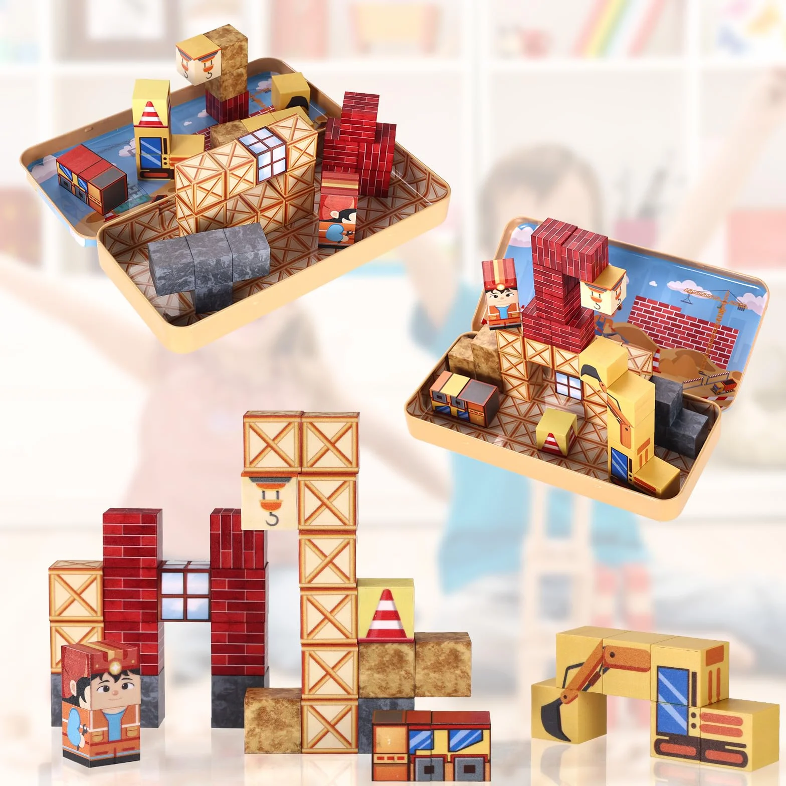 35Pcs Magnetyczne Klocki Podróżne, Mini Magnetyczne Kostki Konstrukcyjne Edukacyjne Zabawki Nauki z Przenośnym Etui Przechowywania dla Dzieci Maluchów Chłopców Dziewczynek Prezent Budowlanej
