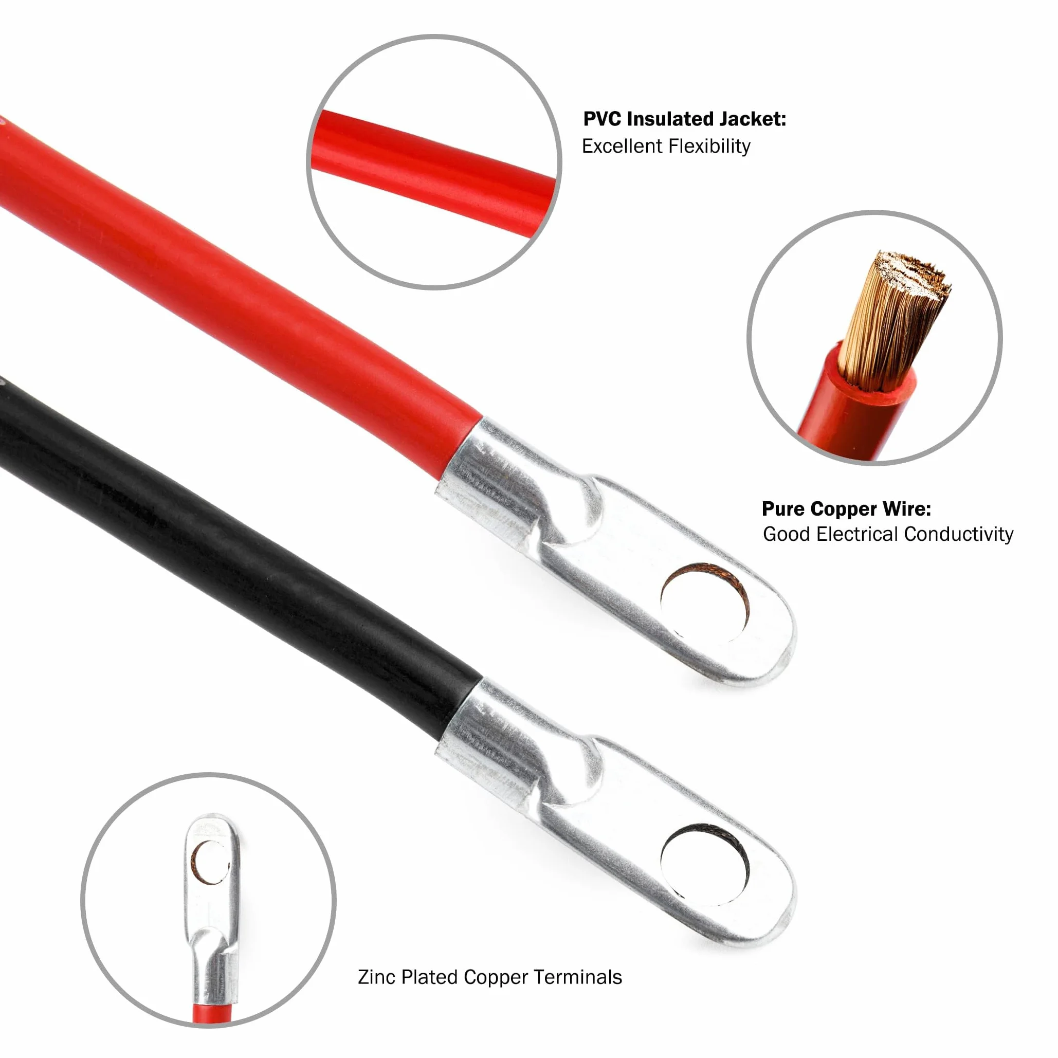 Kabel miedziany, 2 sztuki, 5 AWG kabel do akumulatora z czystej miedzi, kabel do akumulatora samochodowego, miedziany kabel zasilający, do samochodów osobowych, kamperów, łodzi