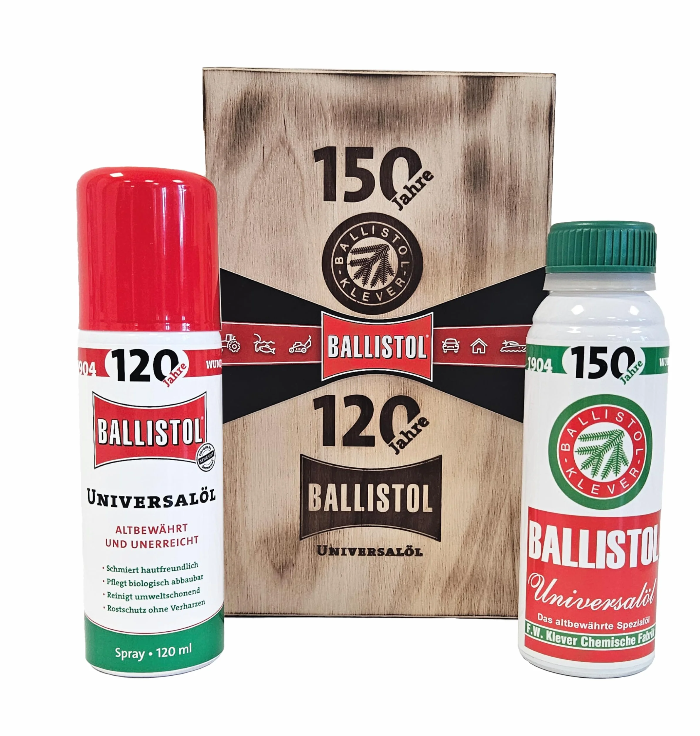 BALLISTOL 21045 Jubileuszowe pudełko drewniane limitowane 150 ml olej uniwersalny 120 ml spray 9-częściowy zestaw prezentowy vintage retro