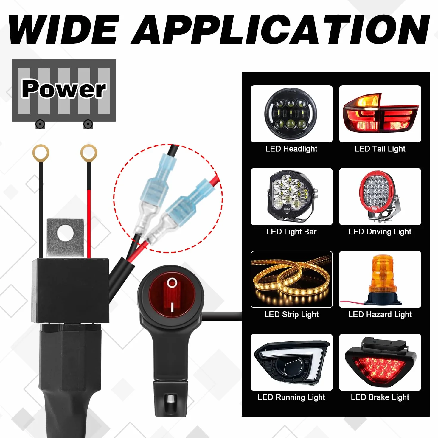 Erato Zestaw okablowania światła LED do motocykla, 2 przewody, nylonowa wiązka przewodów 7/20.3 cm, przełącznik kierownicy, 12 V, 40 A, przekaźnik 10 A, bezpiecznik rzędowy, 18 AWG, do listwy