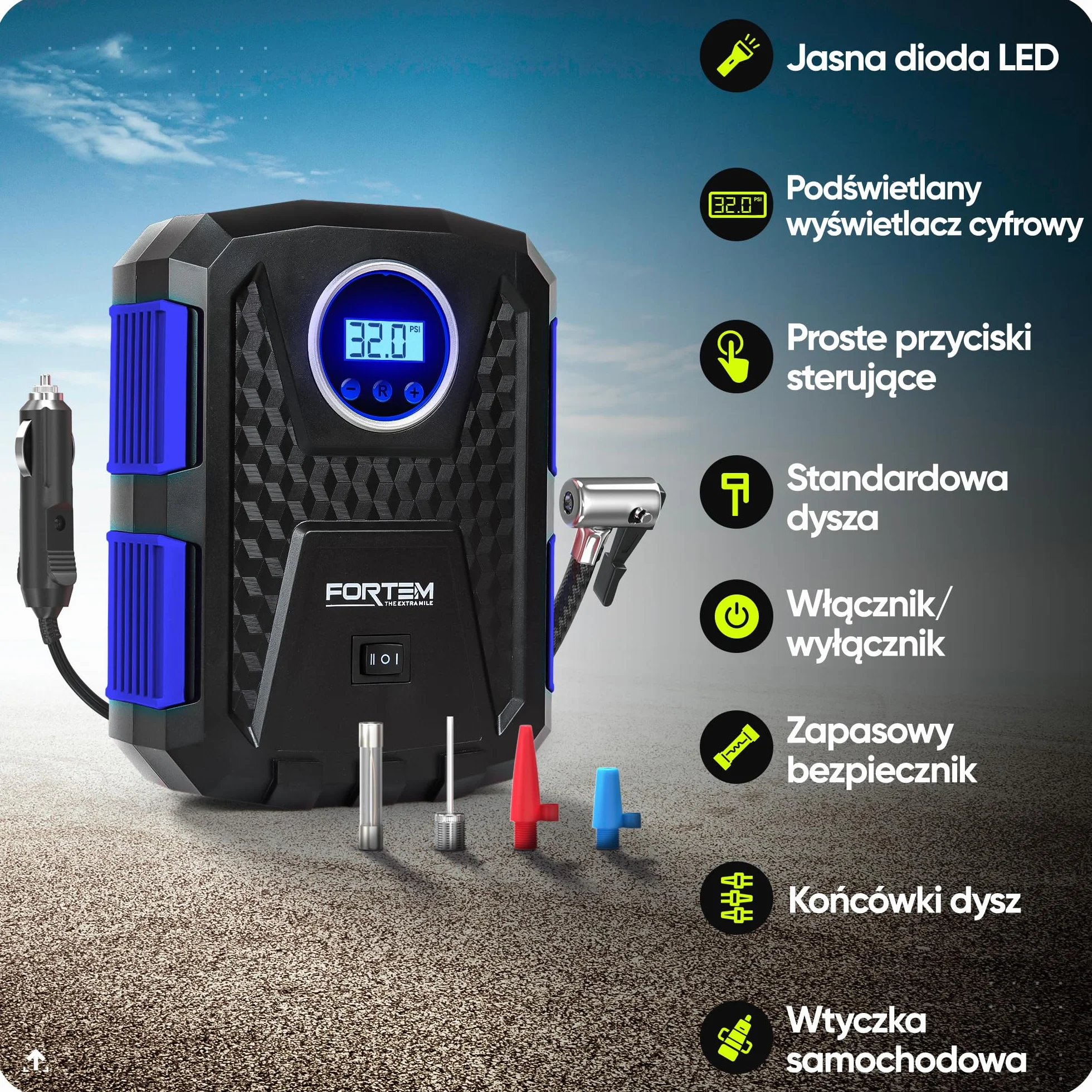 FORTEM Kompresor Samochodowy Przenośna Pompka Elektryczna z Cyfrowym Manometrem i Automatycznym Pompowaniem