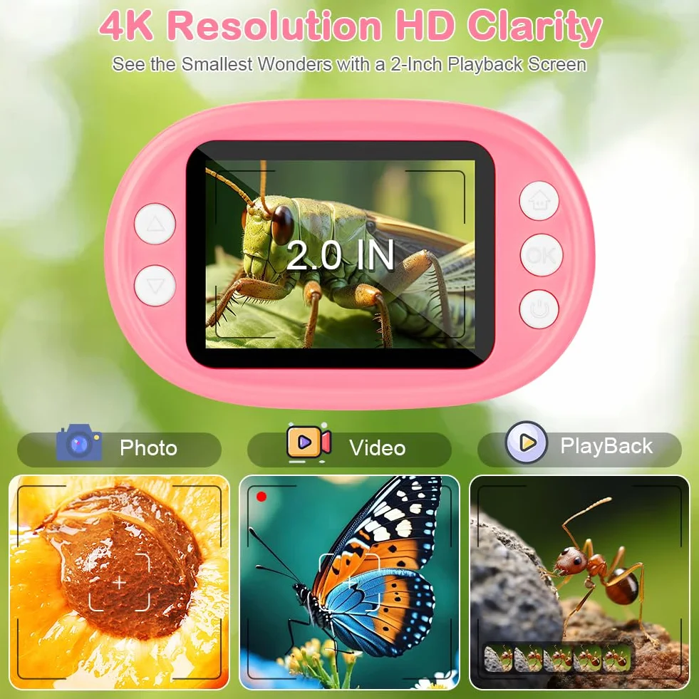 AXFEE Mikroskop dla dzieci, 1000X przenośny mikroskop kieszonkowy z LED, mini mikroskop z wyświetlaczem LCD 2,0", 4 K, 6 folii, karta pamięci 32 GB i statyw, dla dzieci i dorosłych (różowy)
