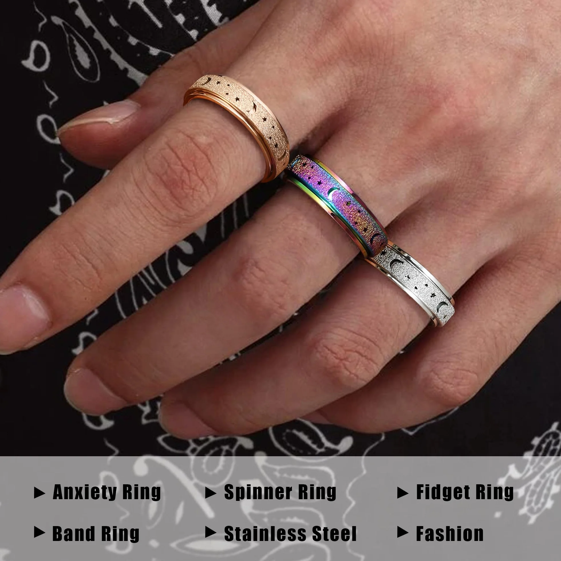 Diamday Pierścienie lękowe Spinner Pierścienie stresowe Lęk Relief Fidget Band Pierścień dla kobiet Mężczyzn Pierścienie ze stali nierdzewnej Przeciwstresowe Księżyc Gwiazda Piasek Blast Wykończenie