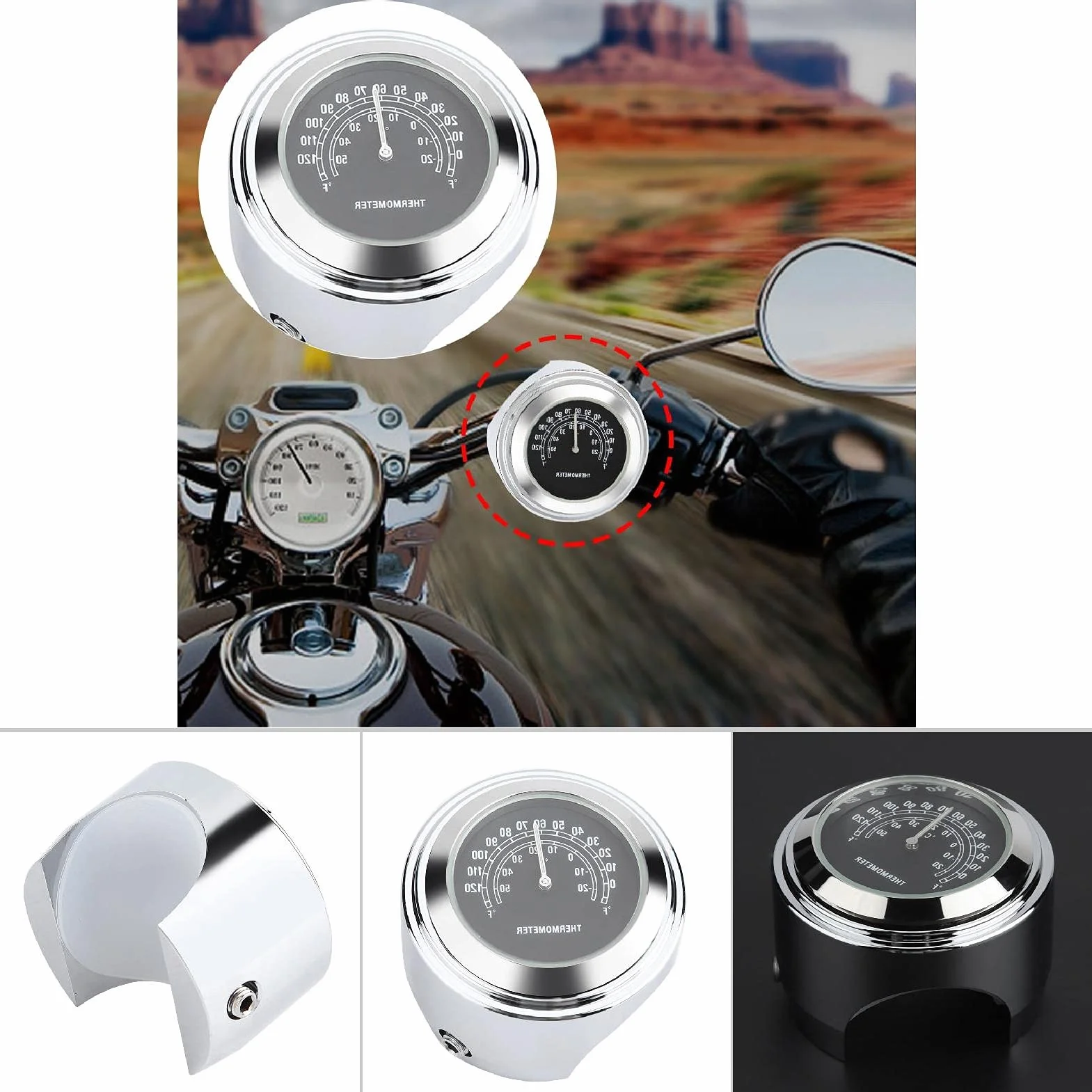 Termometr do montażu na kierownicy, powłoka galwaniczna Wodoodporny termometr ze stopu aluminium do montażu na kierownicy do motocykla do motocykla(Czarny)