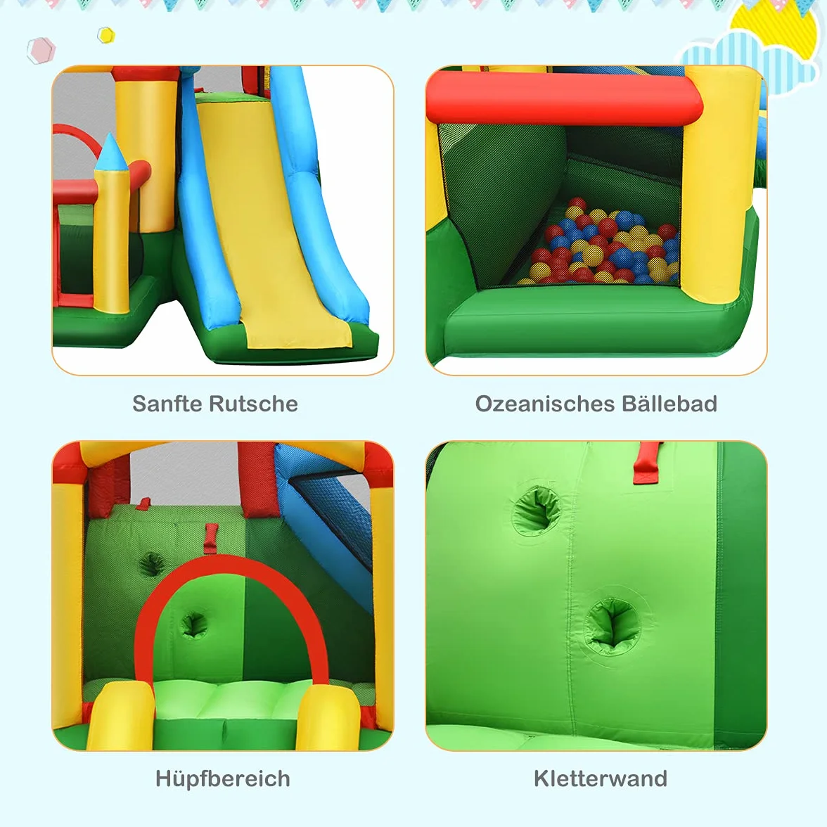 COSTWAY Nadmuchiwany zamek dmuchany z dmuchawą 610 W, 2 zjeżdżalnie, zamek do skakania, zamek do gry na świeżym powietrzu, w zestawie 60 piłek oceanicznych, torba, słupki, zestaw naprawczy 330 x 300 x