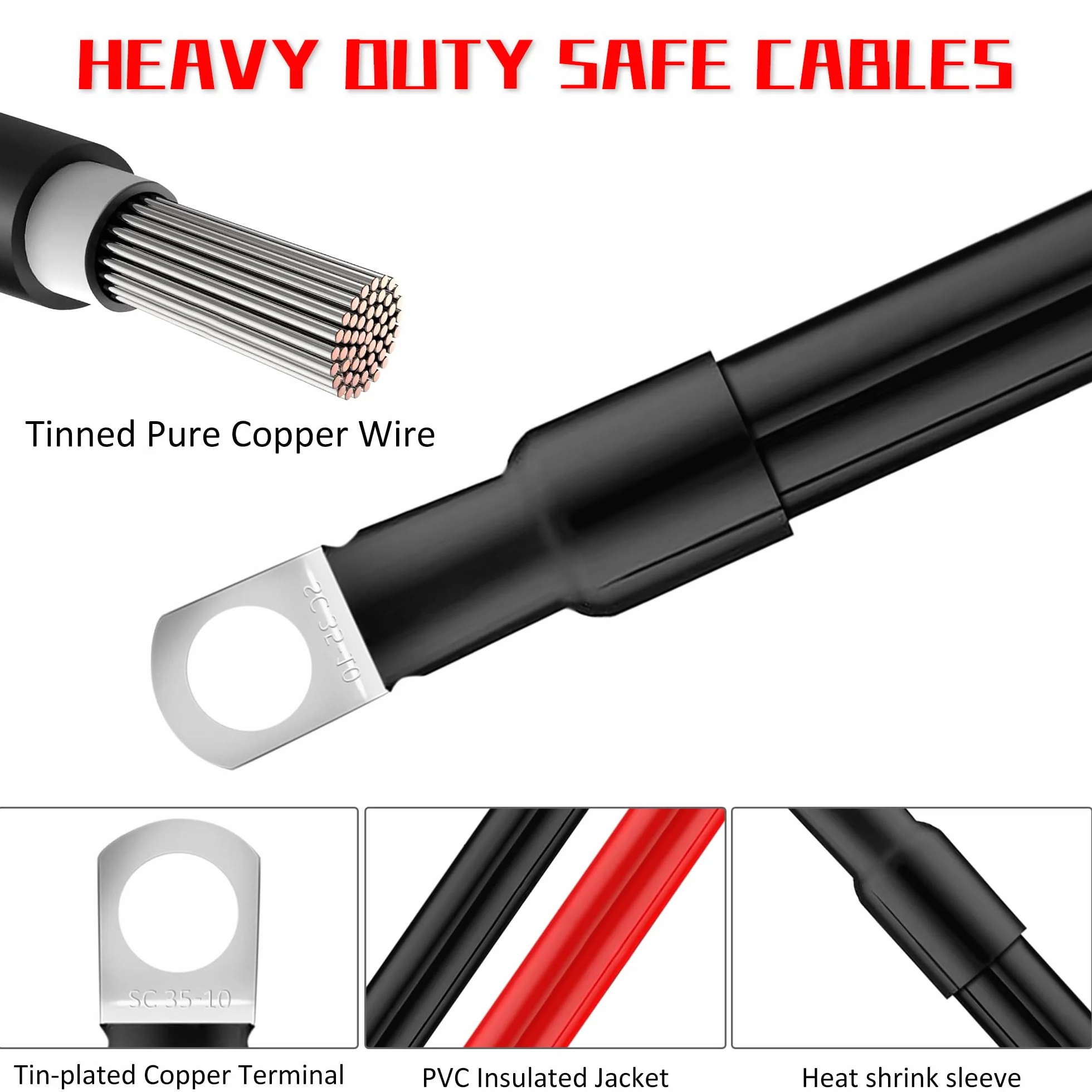 QIMEI-SHOP Kable akumulatora samochodowego 35 mm² 50 cm Przewody falownika akumulatora 2AWG 12V Kabel akumulatora z końcówkami kablowymi M10 do samochodów ciężarowych motocyklowych morskich