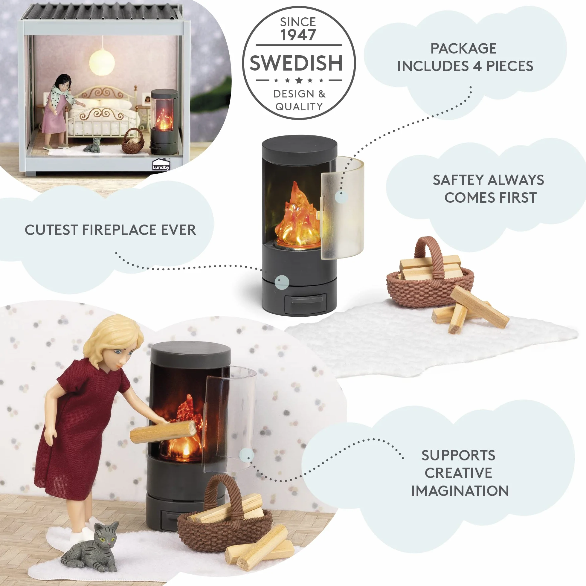 Lundby Domek dla lalek – miniaturowy kominek meble dla lalek z oświetleniem LED – zestaw mebli do domku dla lalek – do salonu – akcesoria – lalki 11 cm 1:18