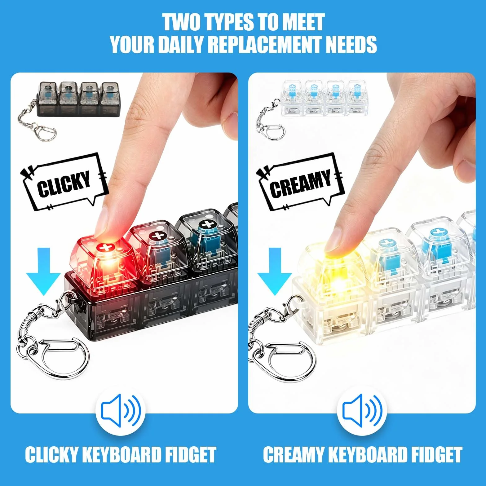 Fidget klawiatura zabawkowa, przezroczysta, antystresowa klawiatura, breloczek do kluczy ze światłem LED, breloczek do kluczy, dla dorosłych, świecąca klawiatura do redukcji stresu, 2 sztuki