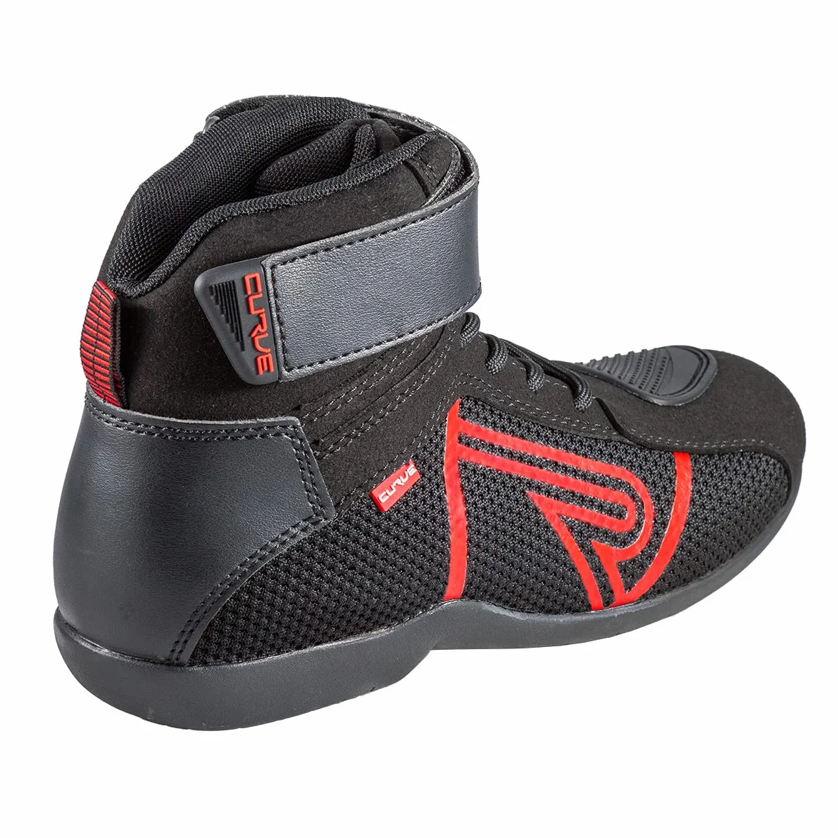 CURVE Czarne/czerwone buty motocyklowe Rubi | Mężczyzna i kobieta | Mikrofibra | Miejskie zastosowanie | Wzmocnienie zmiany biegów, czerwone detale, koronki, podeszwa antypoślizgowa | homologacja CE