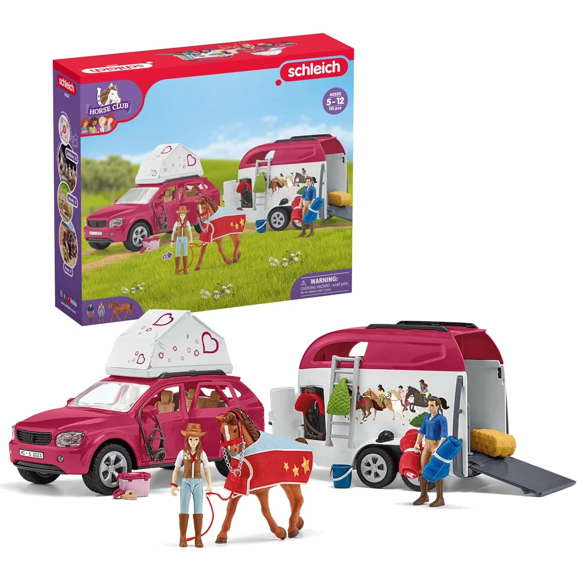 schleich HORSE CLUB | Podróż samochodem z przyczepą dla koni 42535 | z Hannah, tatą, koniem i akcesoriami | Prezent dla dziewczynek i chłopców | Zestaw konny od 5 lat | 110 elementów