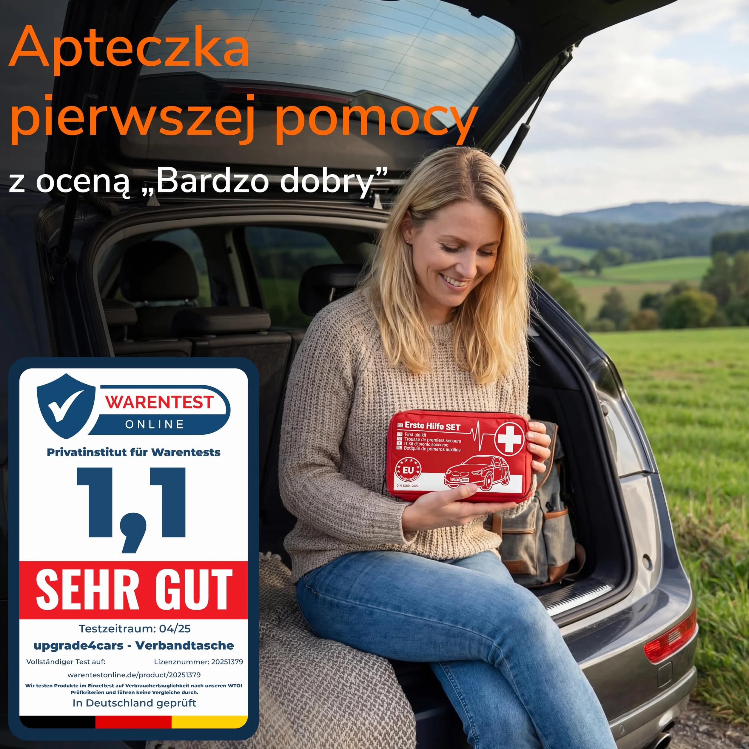 Upgrade4cars Apteczka Samochodowa 2026 DIN 13164 Zestaw Pierwszej Pomocy Ważny w Całej Europie | Apteczka do Domu i w Podróż