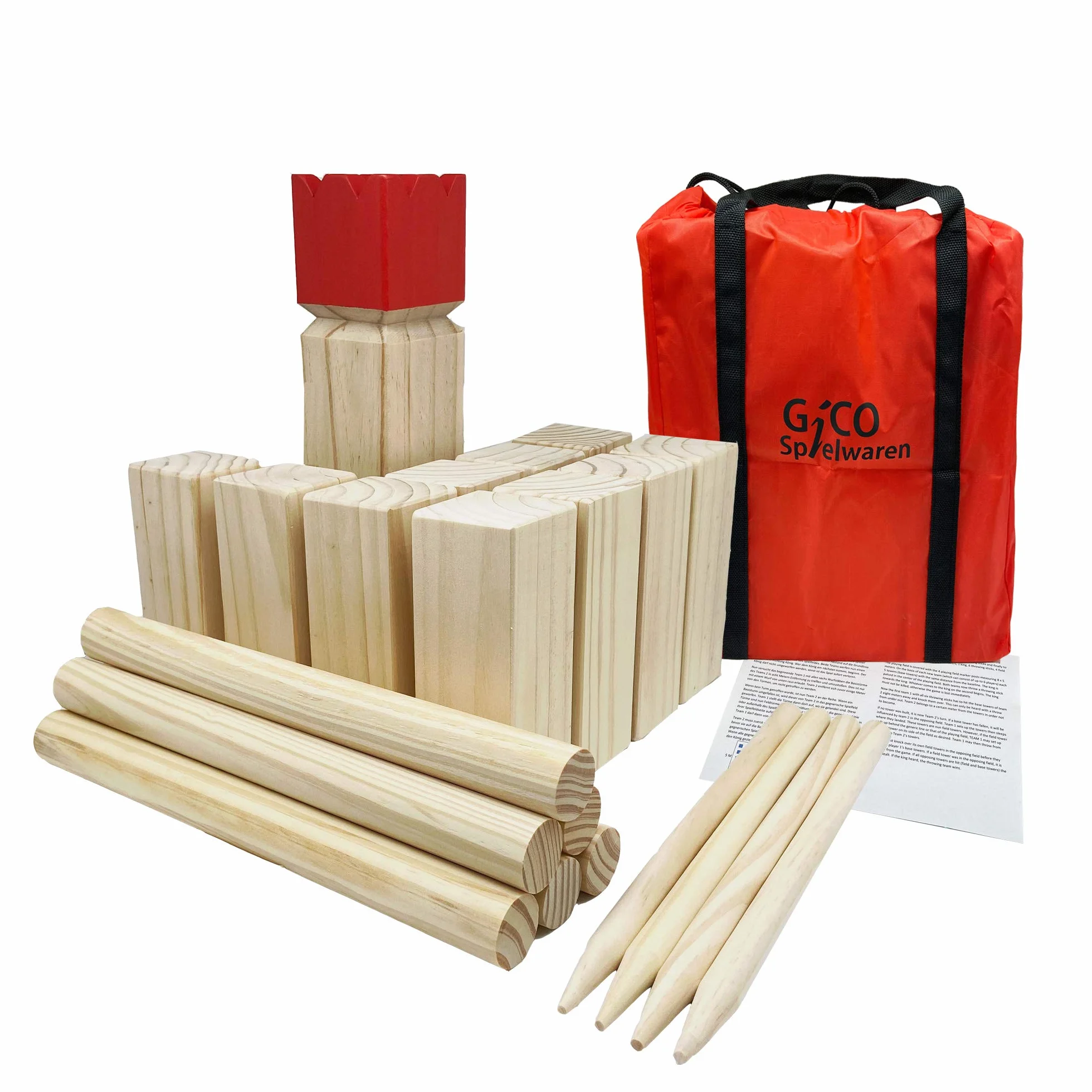 GICO Kubb 3263 zestaw do zabawy, gra Wikingów, król 30 x 7 x 7 – wysokiej jakości duża gra outdoorowa z litego drewna z torbą transportową