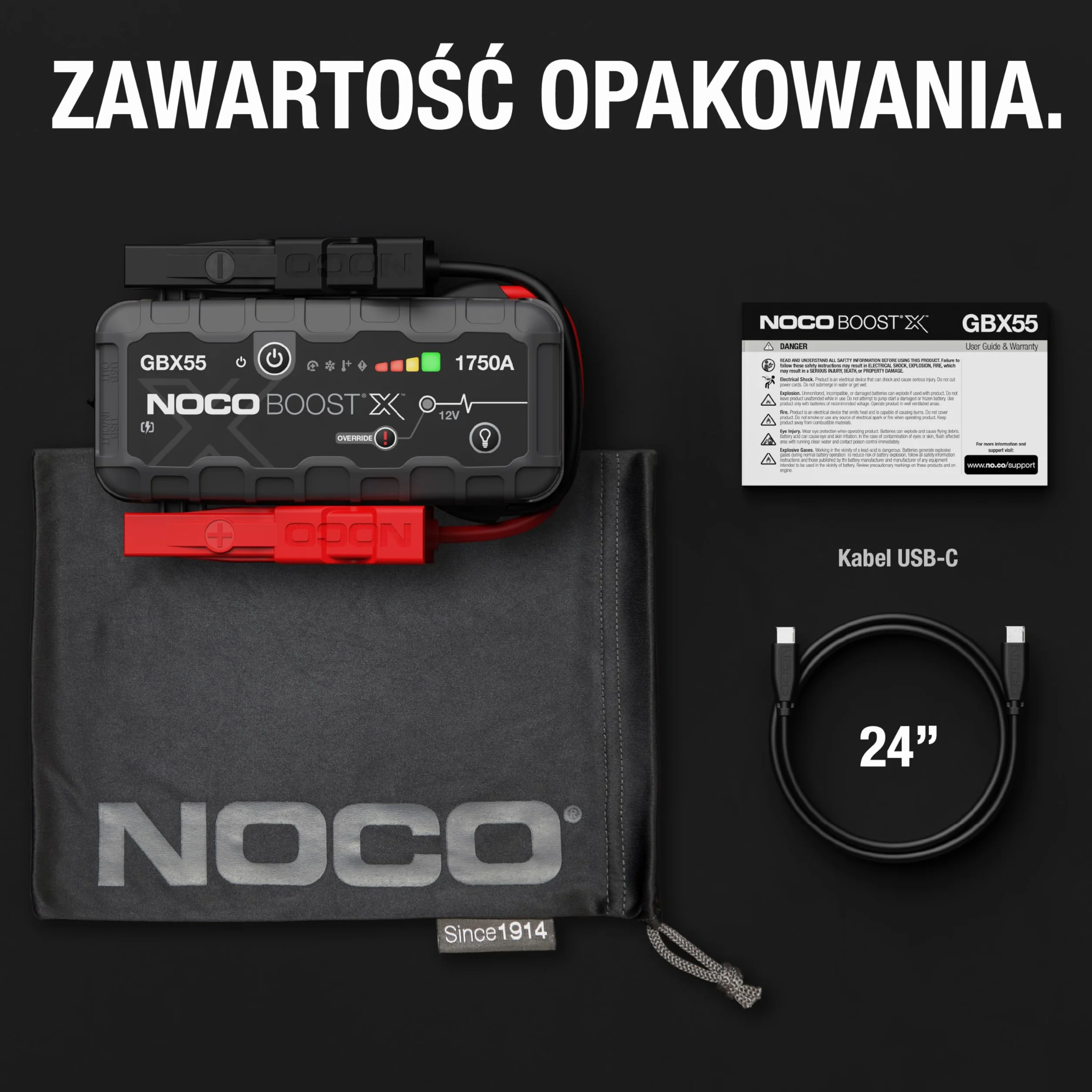 NOCO Boost X GBX55 1750A 12V UltraSafe litowy urządzenie rozruchowe, booster do akumulatora I kable rozruchowe do 7,5-litrowych silników benzynowych i 5,0-litrowych silników wysokoprężnych