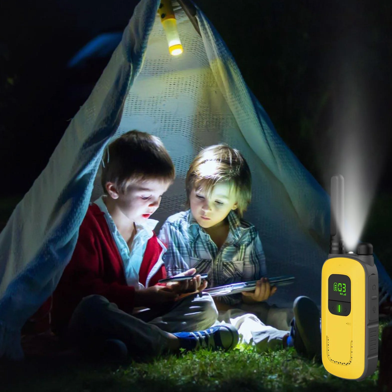 Radioddity PR-T3 Walkie Talkie dla dzieci PMR446 krótkofalówka VOX z 16 kanałami, latarka, zasięg 4 km, ładowalne akumulatory na przygody, aktywności na świeżym powietrzu, kemping, 2 sztuki