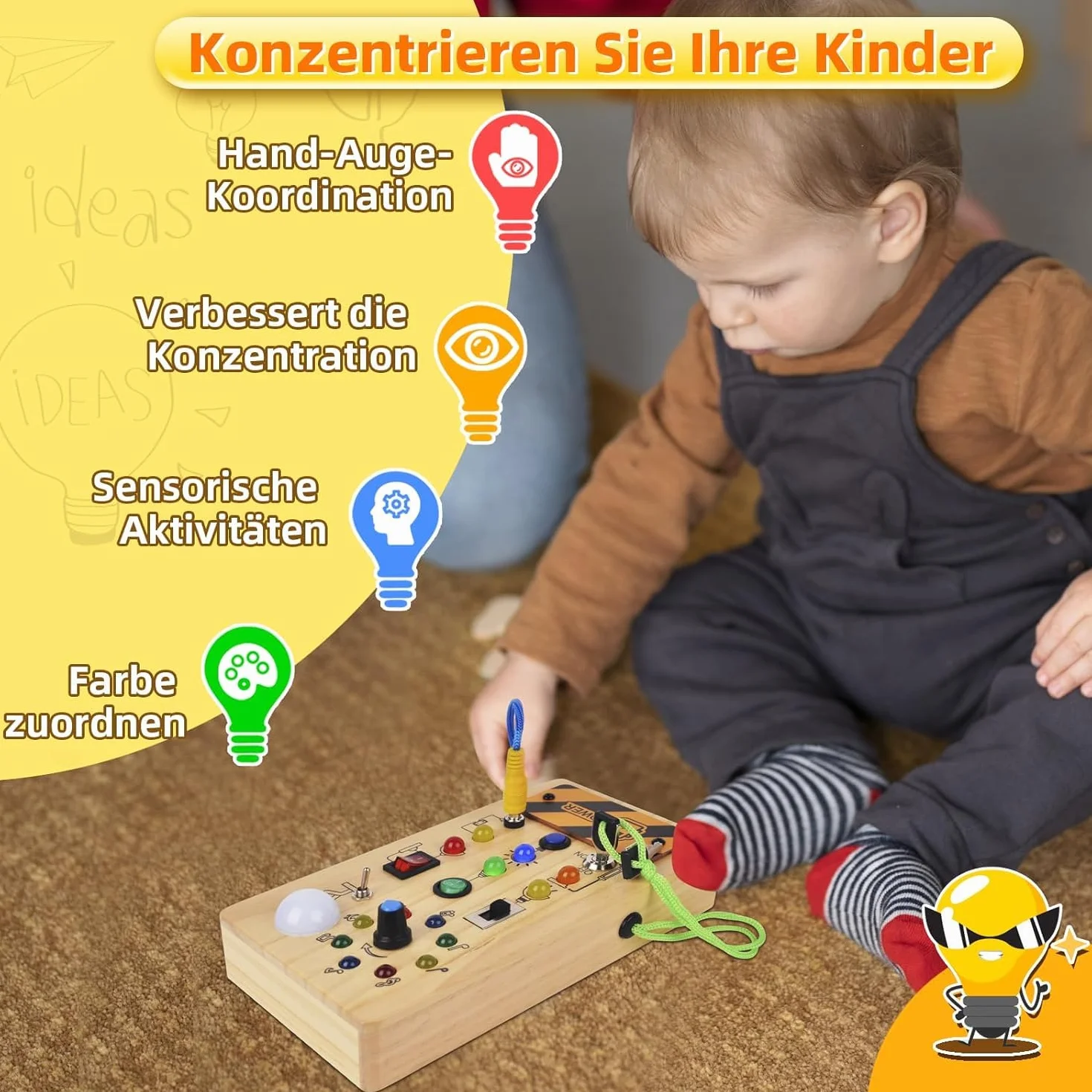 Montessori Toy Deska Rozdzielcza 1 2 3 4 lata, zabawka do nauki umiejętności motorycznych, 8 przełączników, 15 diod LED