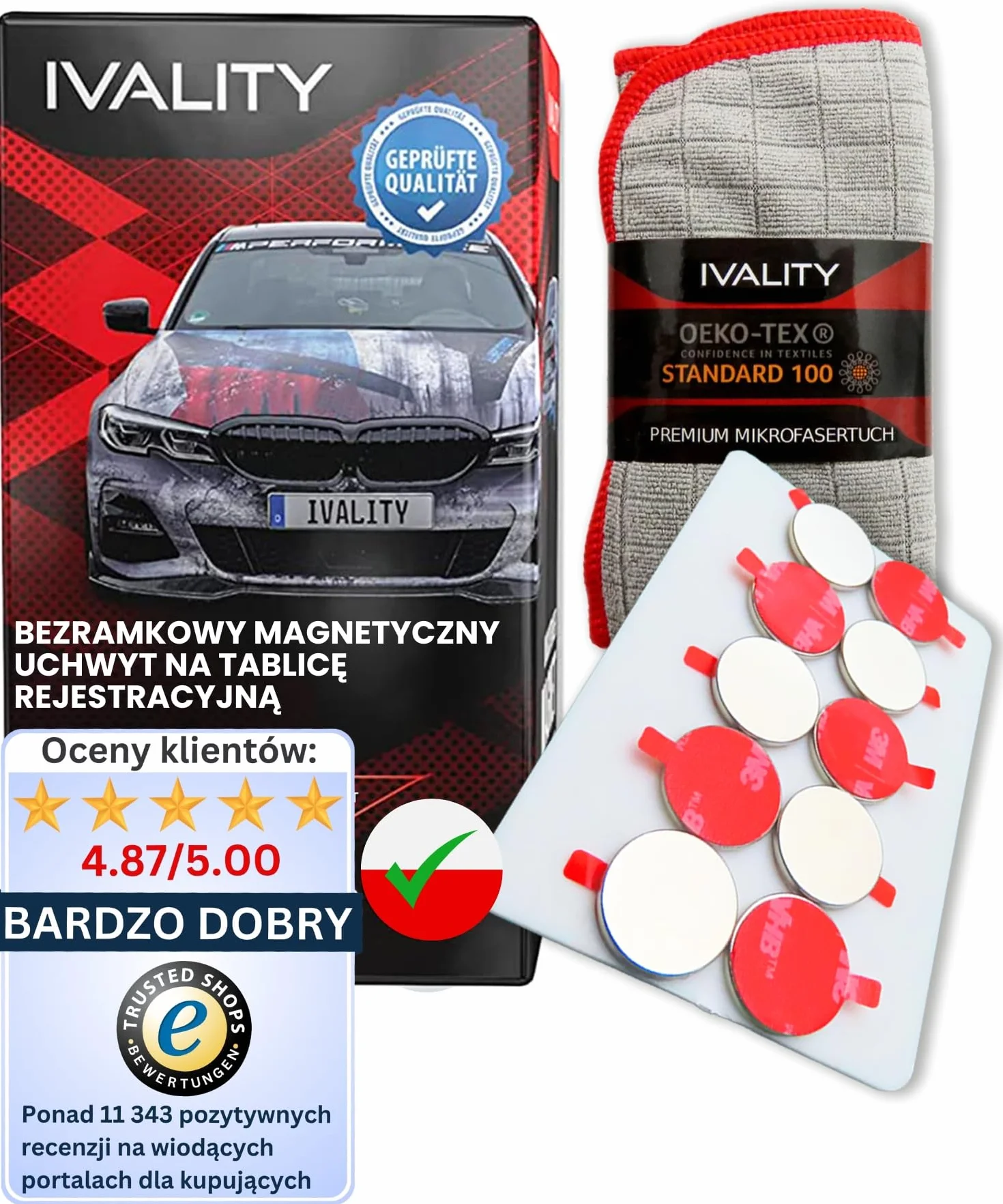 IVALITY® 1x Niewidoczny uchwyt na tablicę rejestracyjną z magnesem | Bezramkowy uchwyt na tablicę rejestracyjną z magnesem | Do polskich tablic rejestracyjnych
