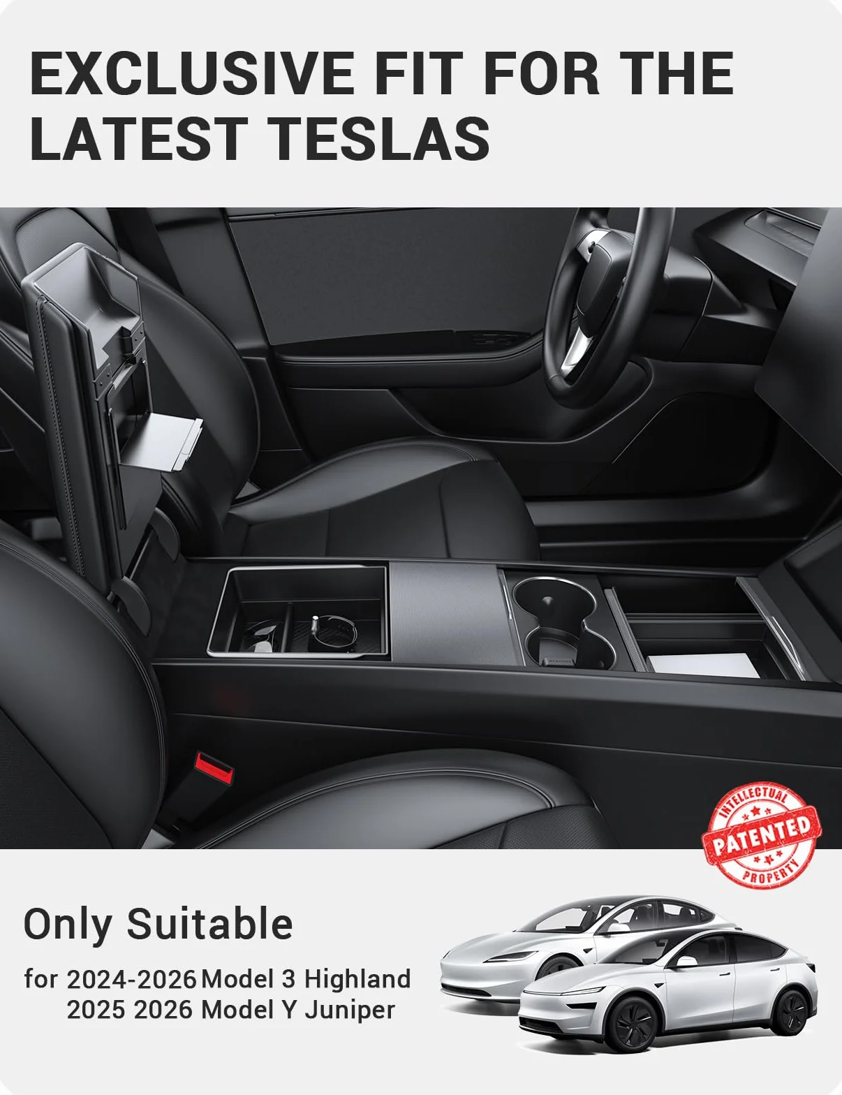 BASENOR 4PCS 2026 Tesla Model Y Model 3 Taca organizacyjna do konsoli środkowej, schowek w podłokietniku z uchwytem na kubek do modeli 2025 2026 Model Y Juniper 2024-2026 Tesla 3 Highland Akcesoria