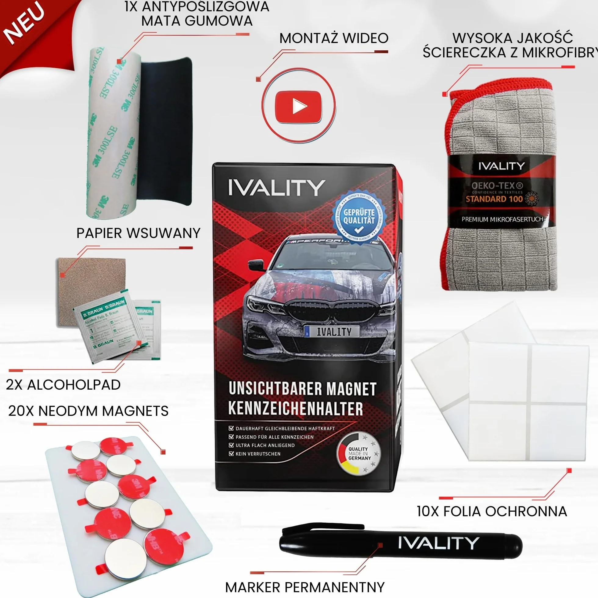 IVALITY® 1x Niewidoczny uchwyt na tablicę rejestracyjną z magnesem | Bezramkowy uchwyt na tablicę rejestracyjną z magnesem | Do polskich tablic rejestracyjnych