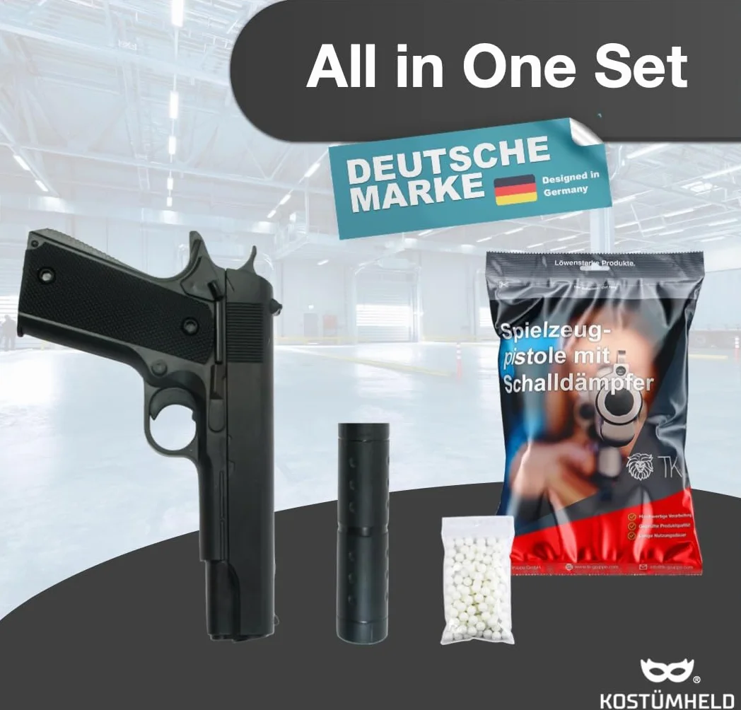 3 x pistolet z tłumikiem, kostium dla dorosłych 6 mm, na karnawał, pistolet tajny agent, Lara Croft, SWAT, Tomb Raider, policja (3X)