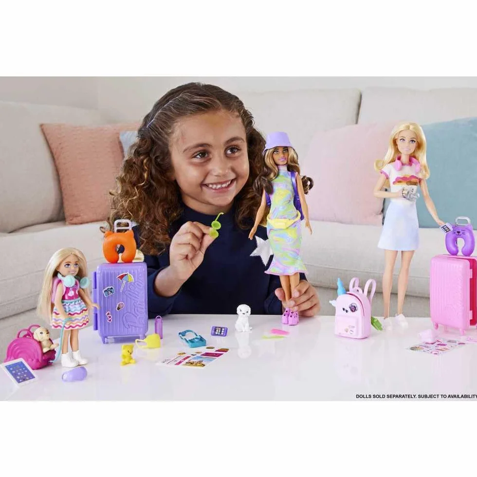 Barbie Chelsea Small Doll & 6 Accessories, Travel Set with Puppy, Pet Carrier & Backpack that Opens & Closes, Blonde Hair, HJY17
