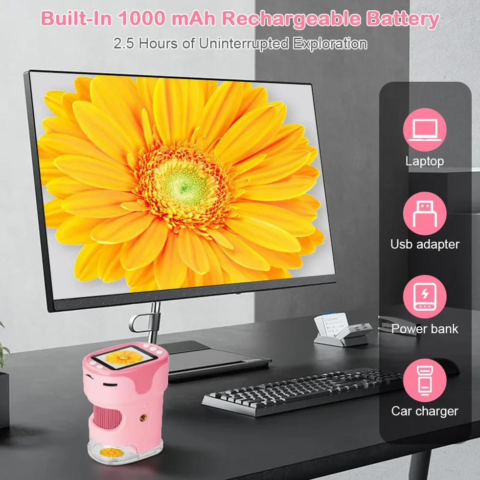 AXFEE Mikroskop dla dzieci, 1000X przenośny mikroskop kieszonkowy z LED, mini mikroskop z wyświetlaczem LCD 2,0", 4 K, 6 folii, karta pamięci 32 GB i statyw, dla dzieci i dorosłych (różowy)