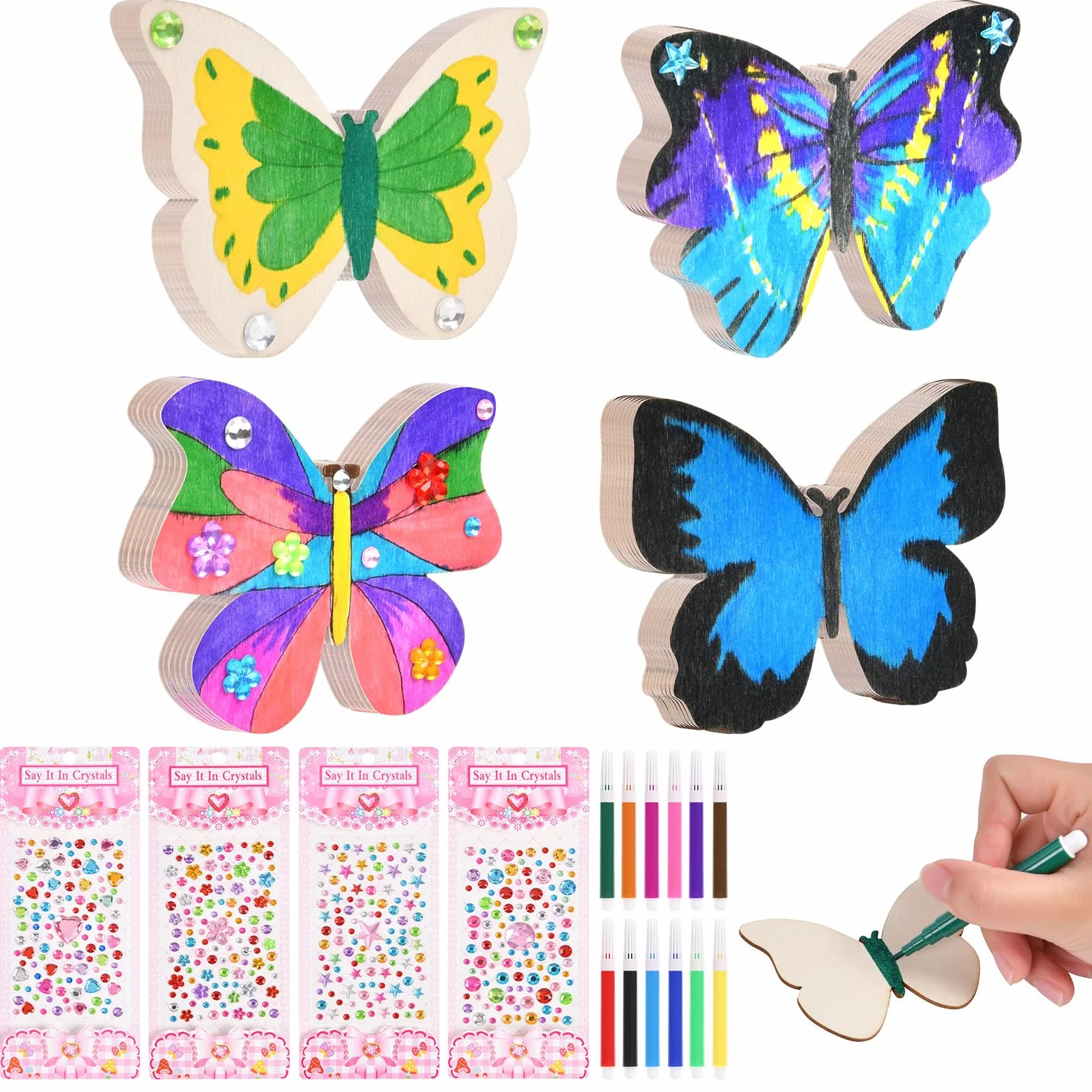 Ainiv 24 szt. DIY Drewniany motyl, Drewniane zestawy do robótek ręcznych z motylami z kredką akwarelową i samoprzylepnym kamieniem szlachetnym, Rękodzieło DIY, Prezenty dla dziewcząt i chłopców