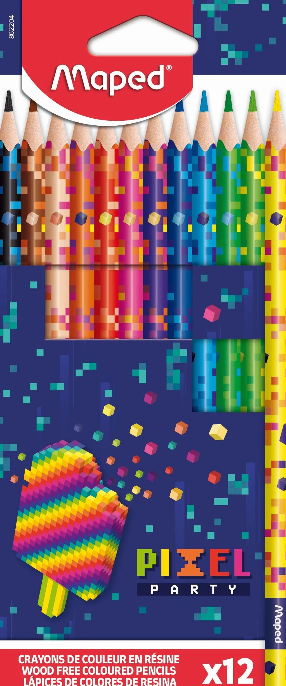 Maped - 12 kolorowych ołówków Pixel Party - Kredki z żywicy - Kredki dziecięce - Wytrzymały ołówek - Ergonomiczny kształt trójkątny