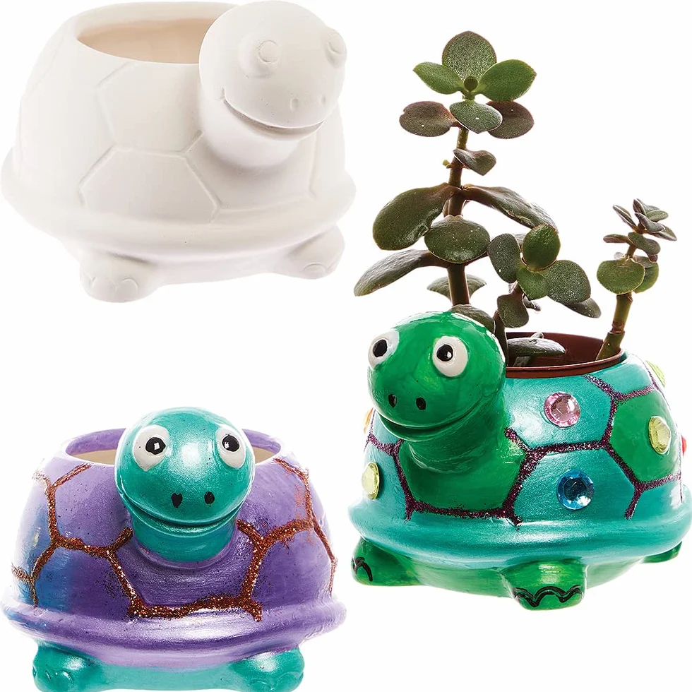 Baker Ross FX594 Ceramiczne doniczki-żółwie - zestaw 2 szt., pomaluj własną doniczkę