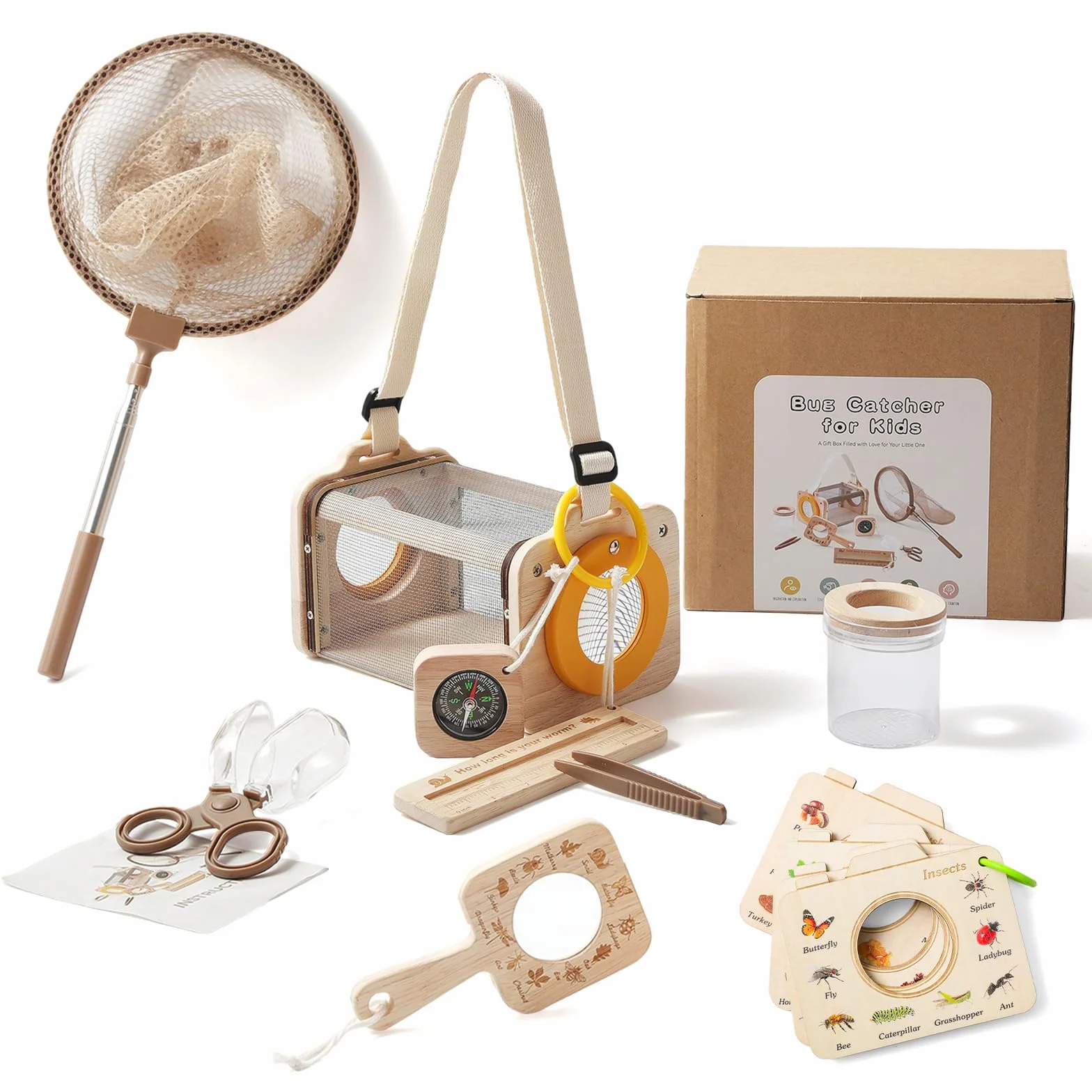 WOODEN TEETHER 9-częściowy zestaw badaczy z litego drewna dla dzieci, zabawka outdoorowa z łapaczem owadów, lupa dla dzieci, kompas, lupa kubekowa, kemping, eksploracja natury, prezent dla chłopców i