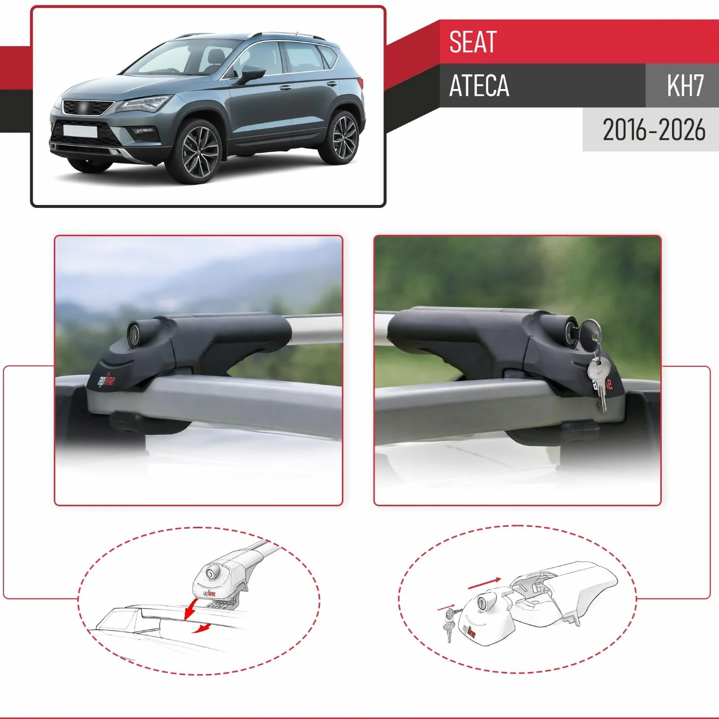 Kompatybilny z Seat Ateca (KH7) 2016-2026 ACE-1 Model Aluminiowy bagażnik dachowy – 2 poprzeczki, szary
