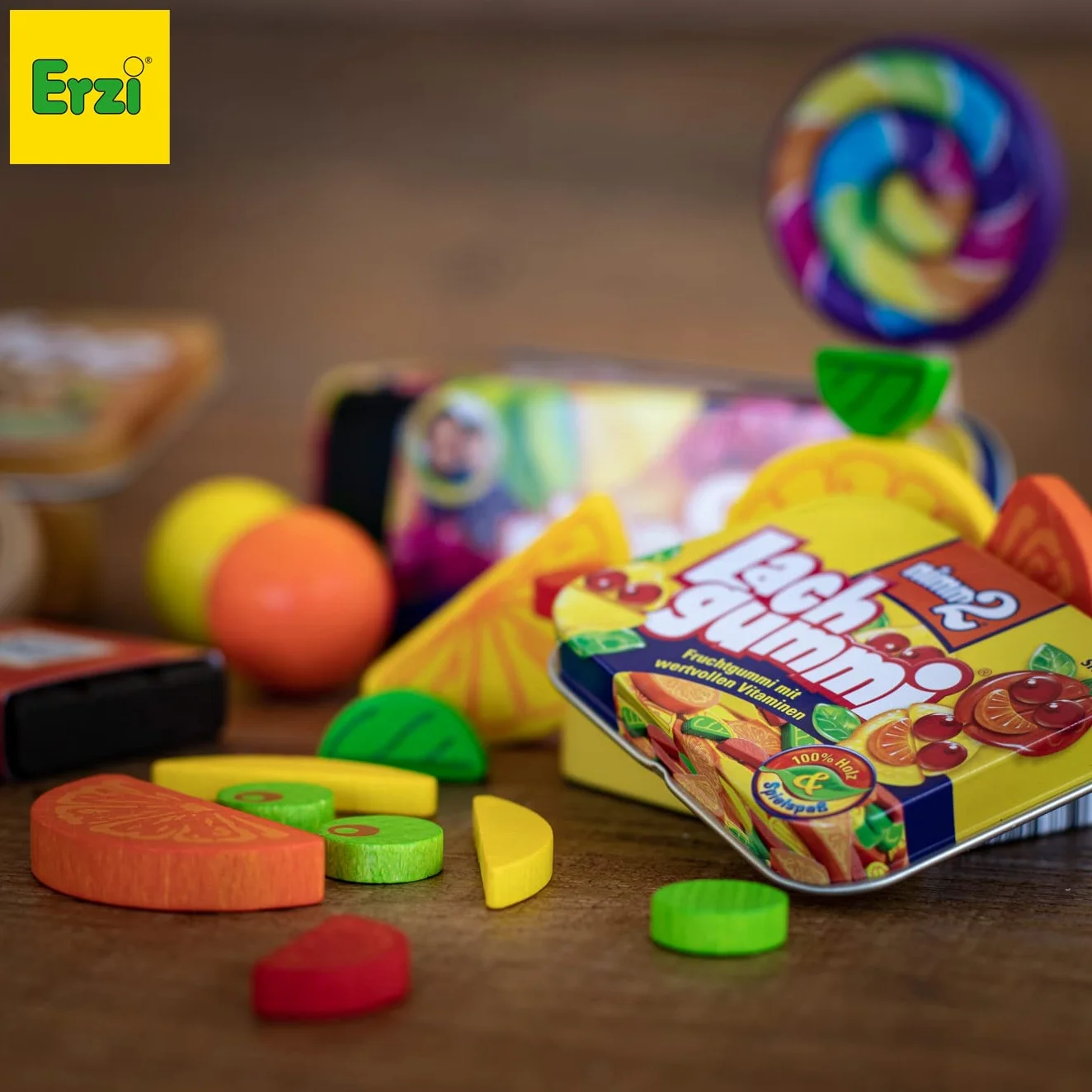 Erzi 14385 Lachgummi zabawka w puszce, wielokolorowa