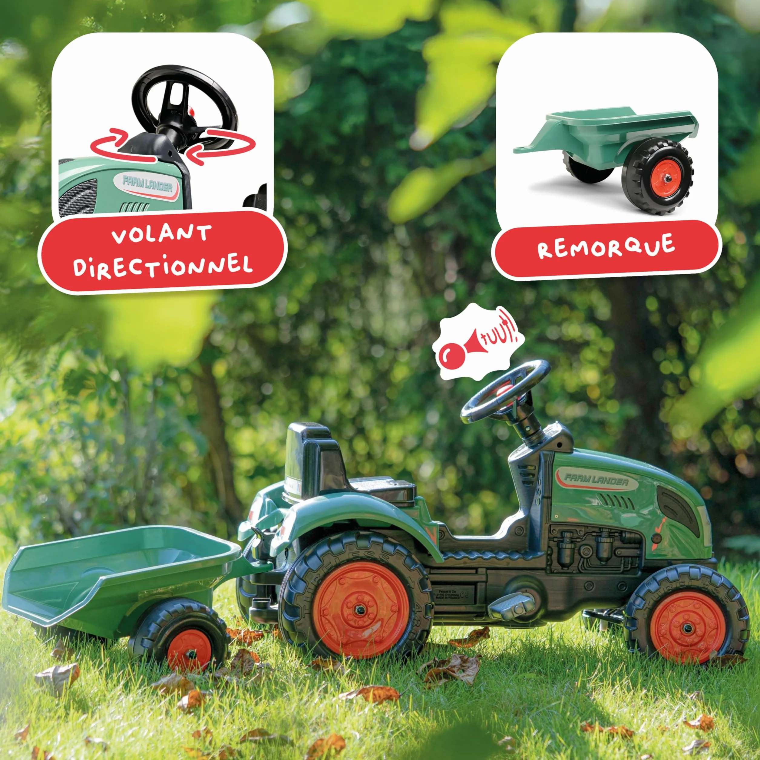 FALK Ciągnik pedałowy Farm Lander z przyczepą-od 2 lat - 50% plastiku pochodzącego z recyklingu - Wyprodukowano we Francji - Kierownica z klaksonem-2054L, 2054L, Ciemnozielony-2054L