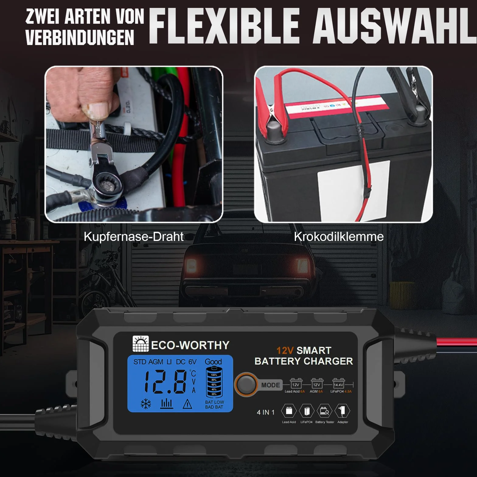ECO-WORTHY LiFePO4 ładowarka do akumulatora 12V 5A z aktywacją akumulatora litowego