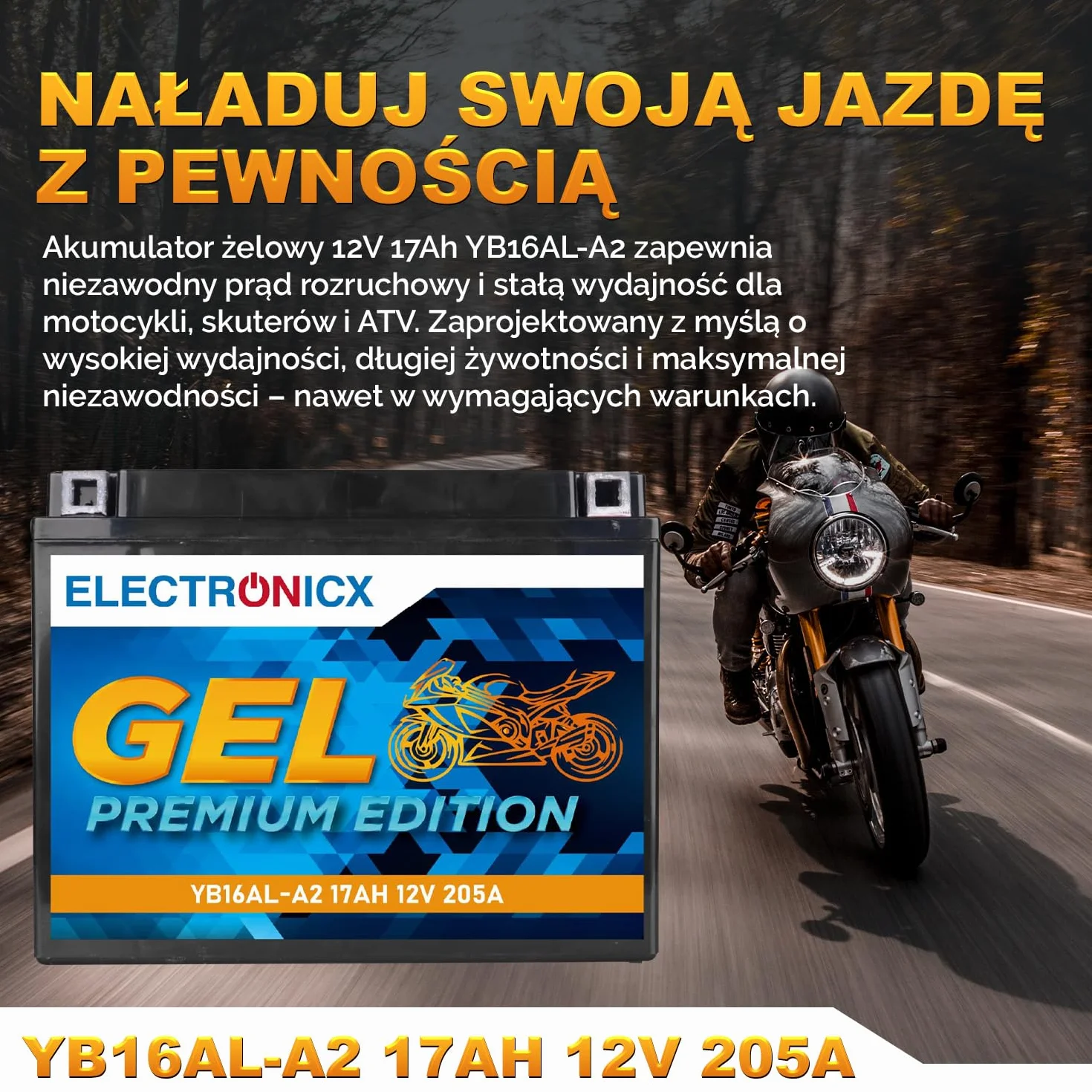Electronicx GEL Żelowa bateria zapasowa – 17 Ah 12 V YB16AL-A2akumulator motocyklowy 12V 17Ah 205A – bezobsługowy, solidny- wysoka moc rozruchowa do motocykli, skuterów, quadów ATV – 206×70×162 mm