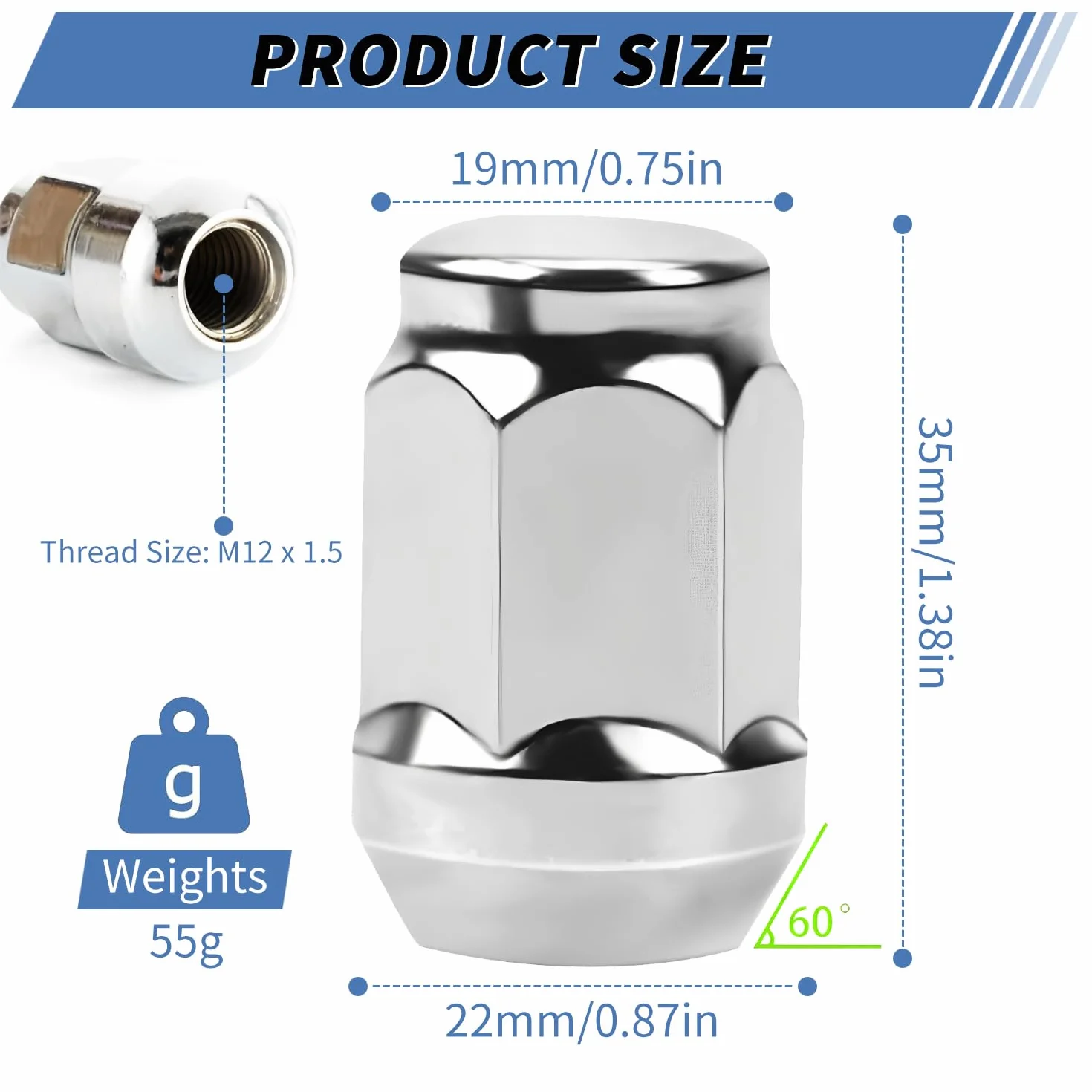 Nakrętki do kół M12 x 15 chromowane zamknięte stożkowe 60° 20 sztuk Ford Toyota Honda Mazda