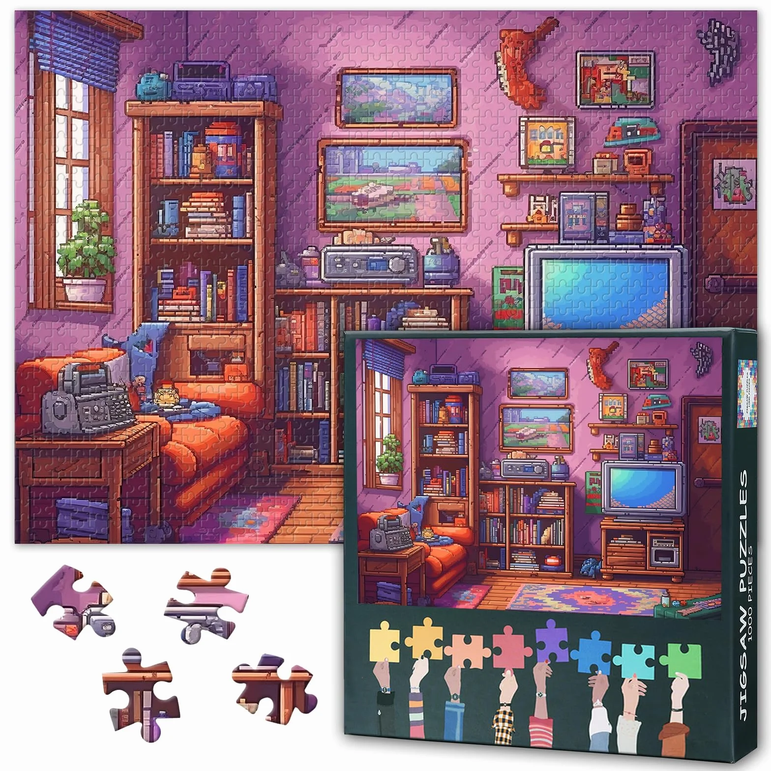 Jeden pokój z książkami telewizyjnymi, puzzle dla dorosłych, trudne wyzwania, sztuka, dla dorosłych, dekoracja ścienna, 1000 sztuk, bit, piksele, do gier rodzinnych, 50 x 70 cm