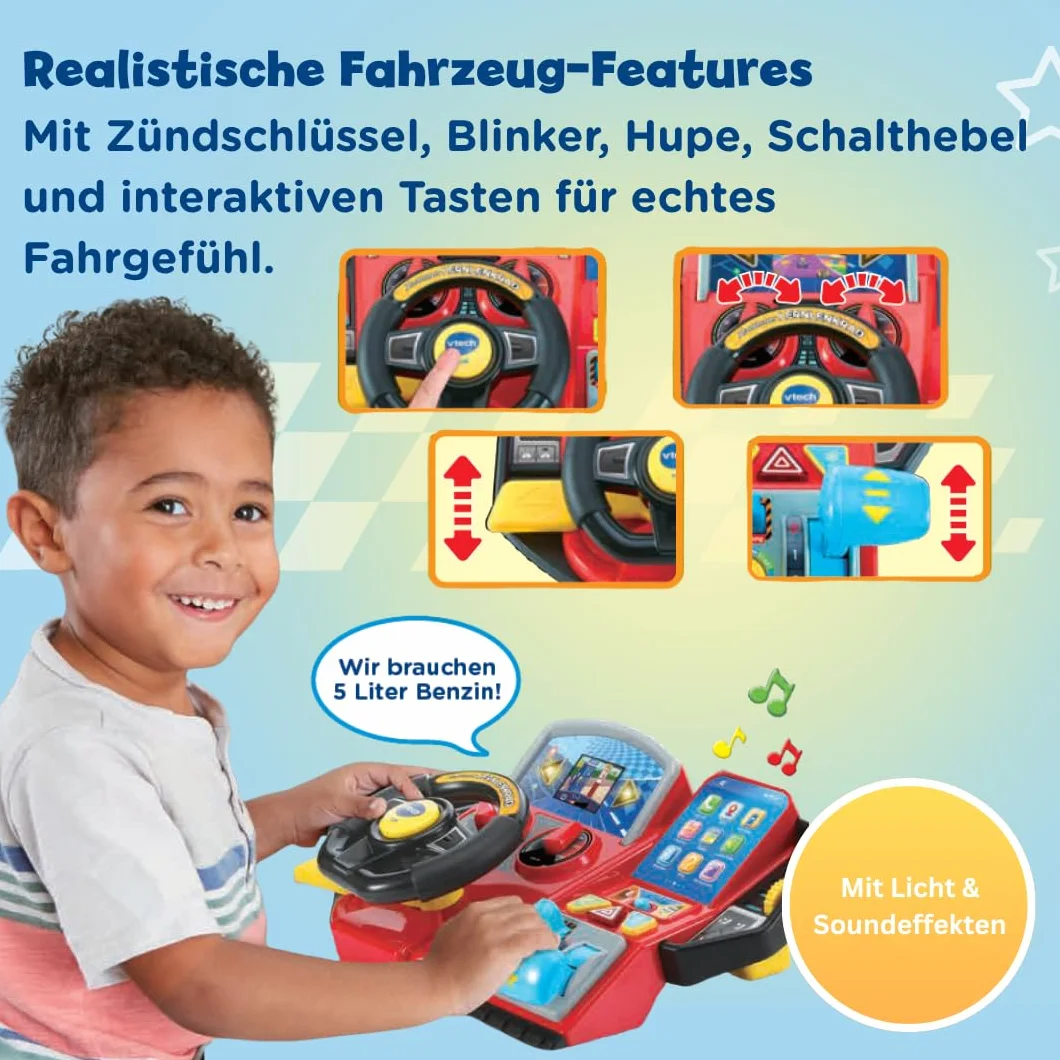 VTech Przygodowa kierownica do nauki – interaktywna kierownica z kolorowym ekranem LCD, 3 tryby gry, liczne treści edukacyjne i 23 melodie – dla dzieci w wieku 3-7 lat